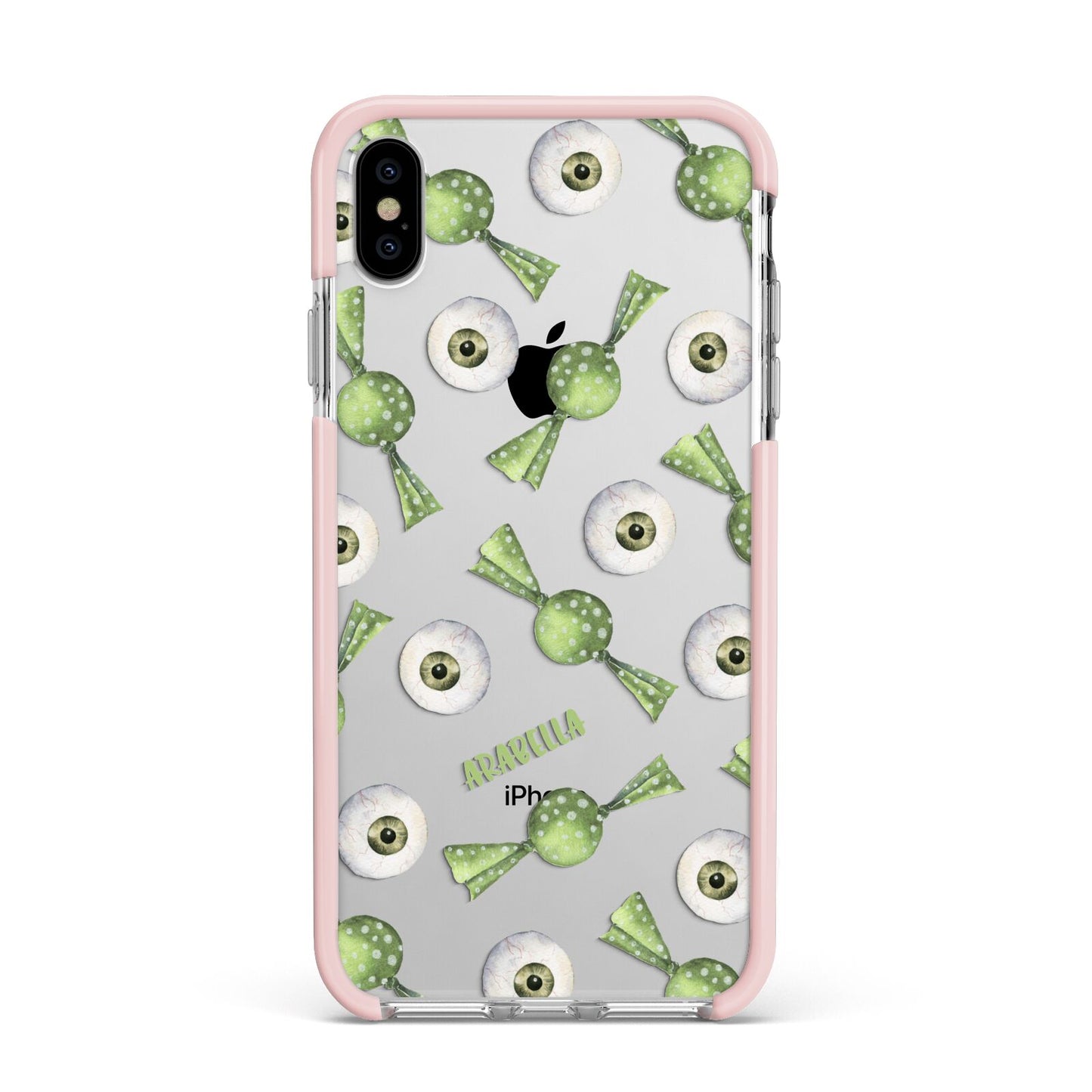 Personalised Eye Candy Halloween Apple iPhone Xs Max Impact Case Pink Edge on Silver Phone