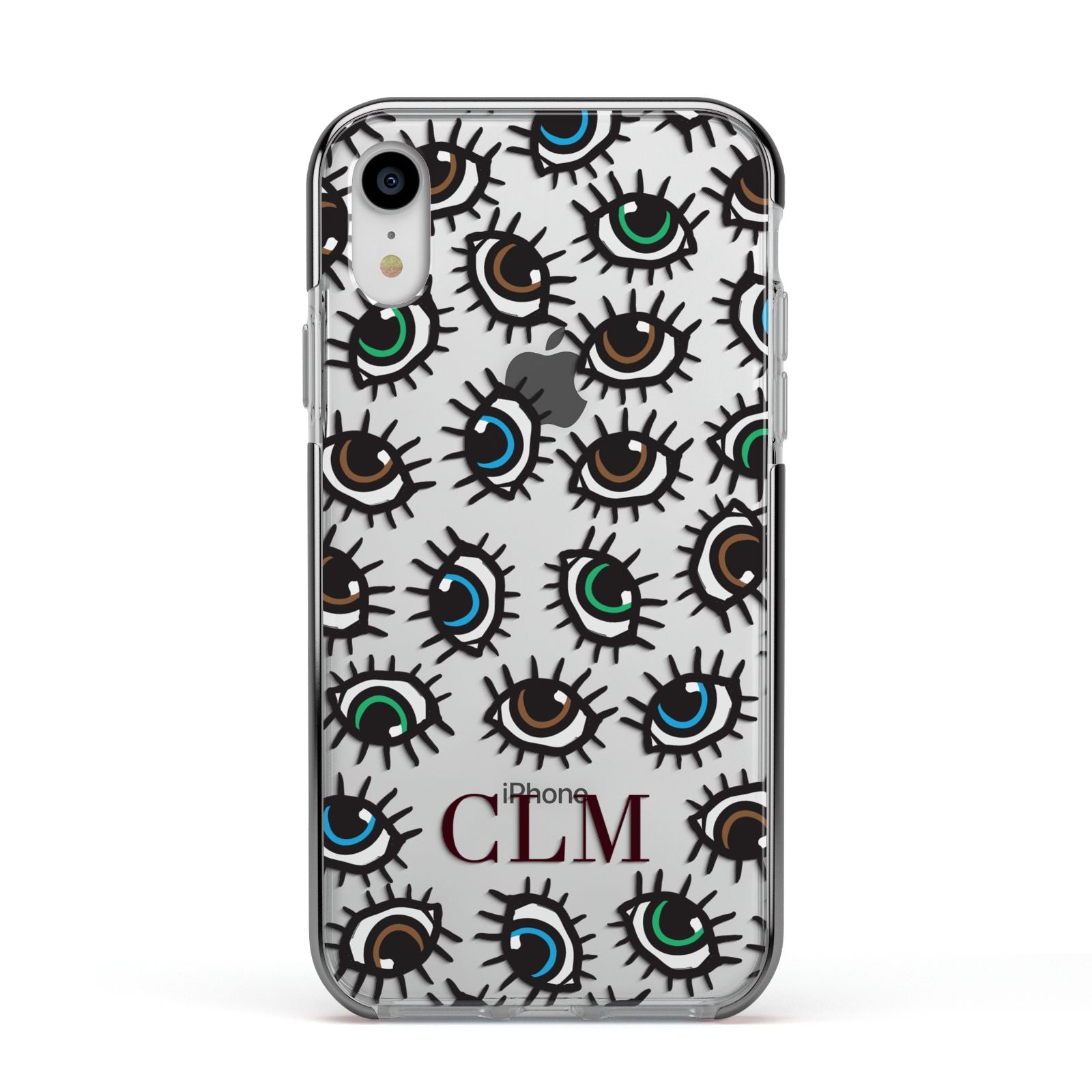 Personalised Eyes Initials Clear Apple iPhone XR Impact Case Black Edge on Silver Phone