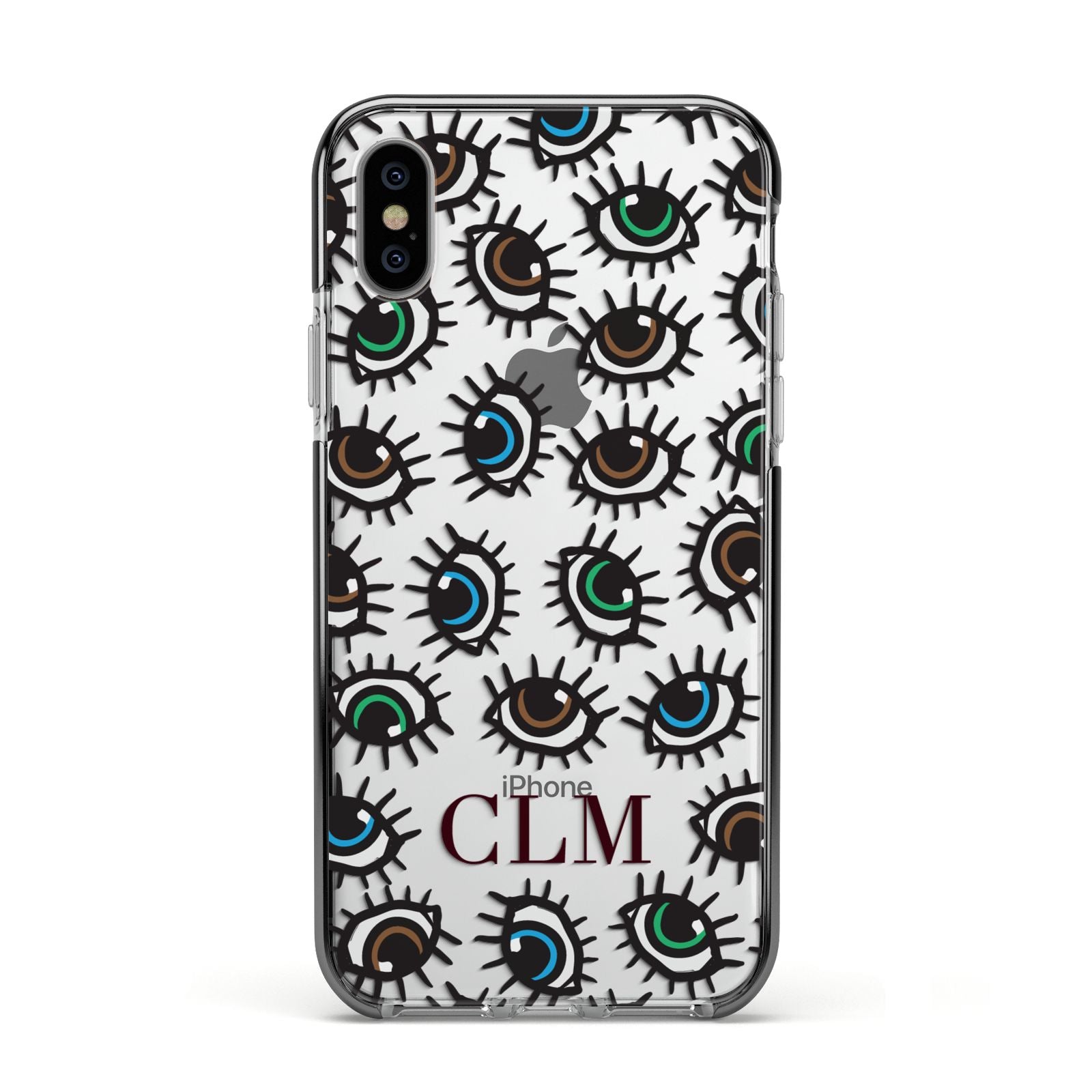 Personalised Eyes Initials Clear Apple iPhone Xs Impact Case Black Edge on Silver Phone