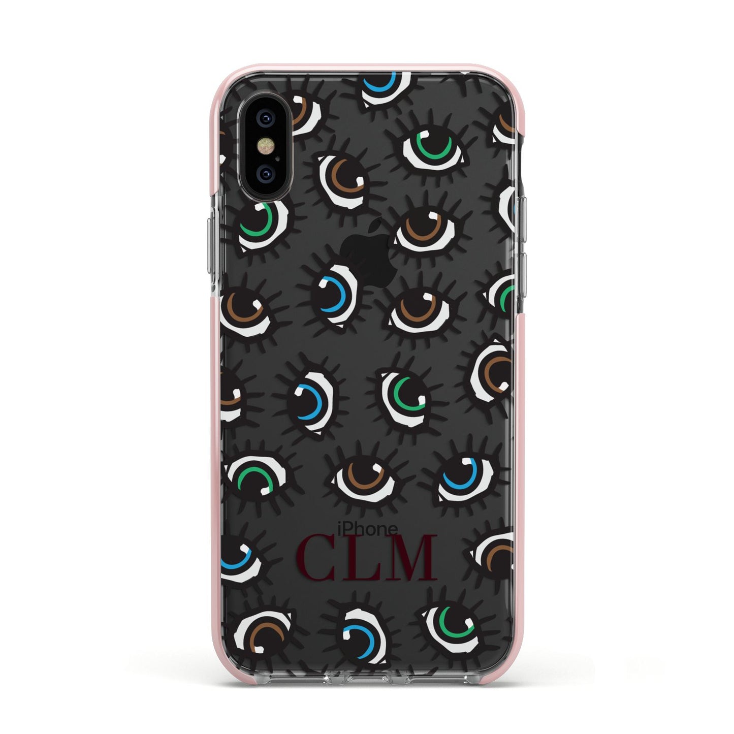 Personalised Eyes Initials Clear Apple iPhone Xs Impact Case Pink Edge on Black Phone