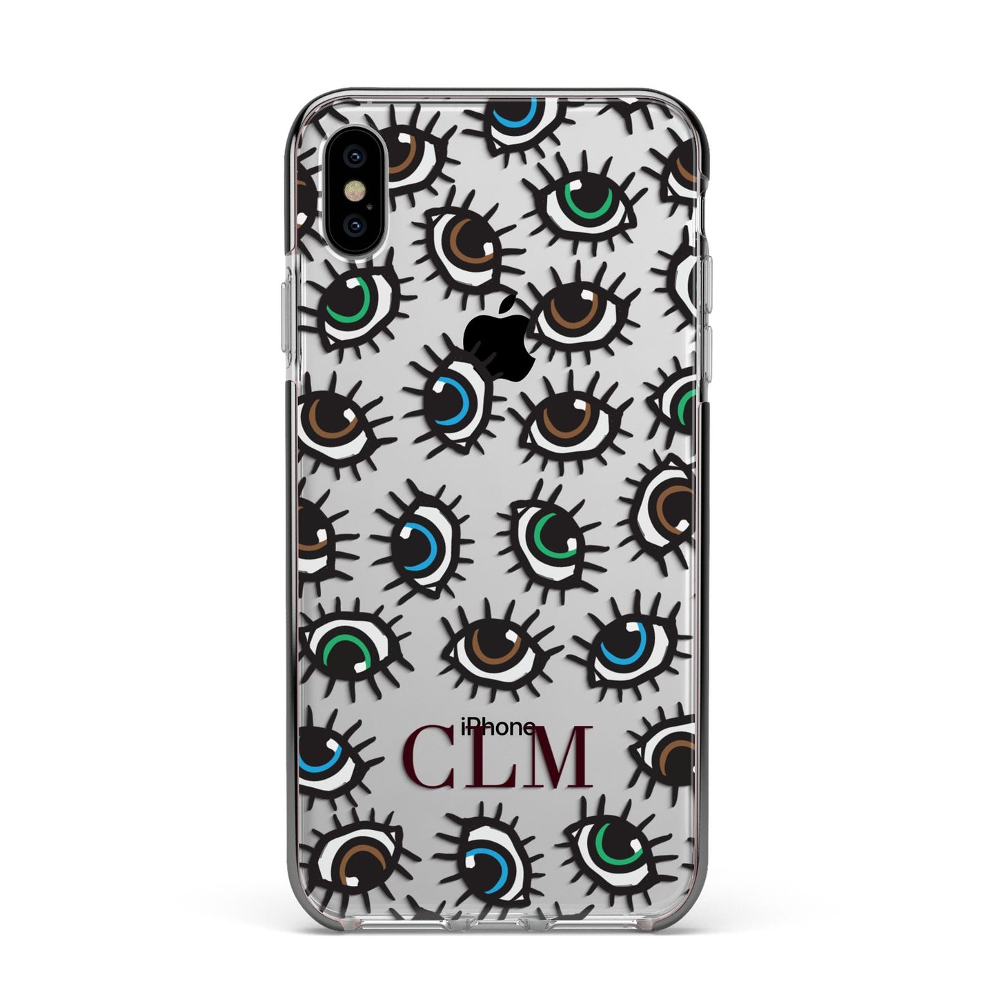 Personalised Eyes Initials Clear Apple iPhone Xs Max Impact Case Black Edge on Silver Phone