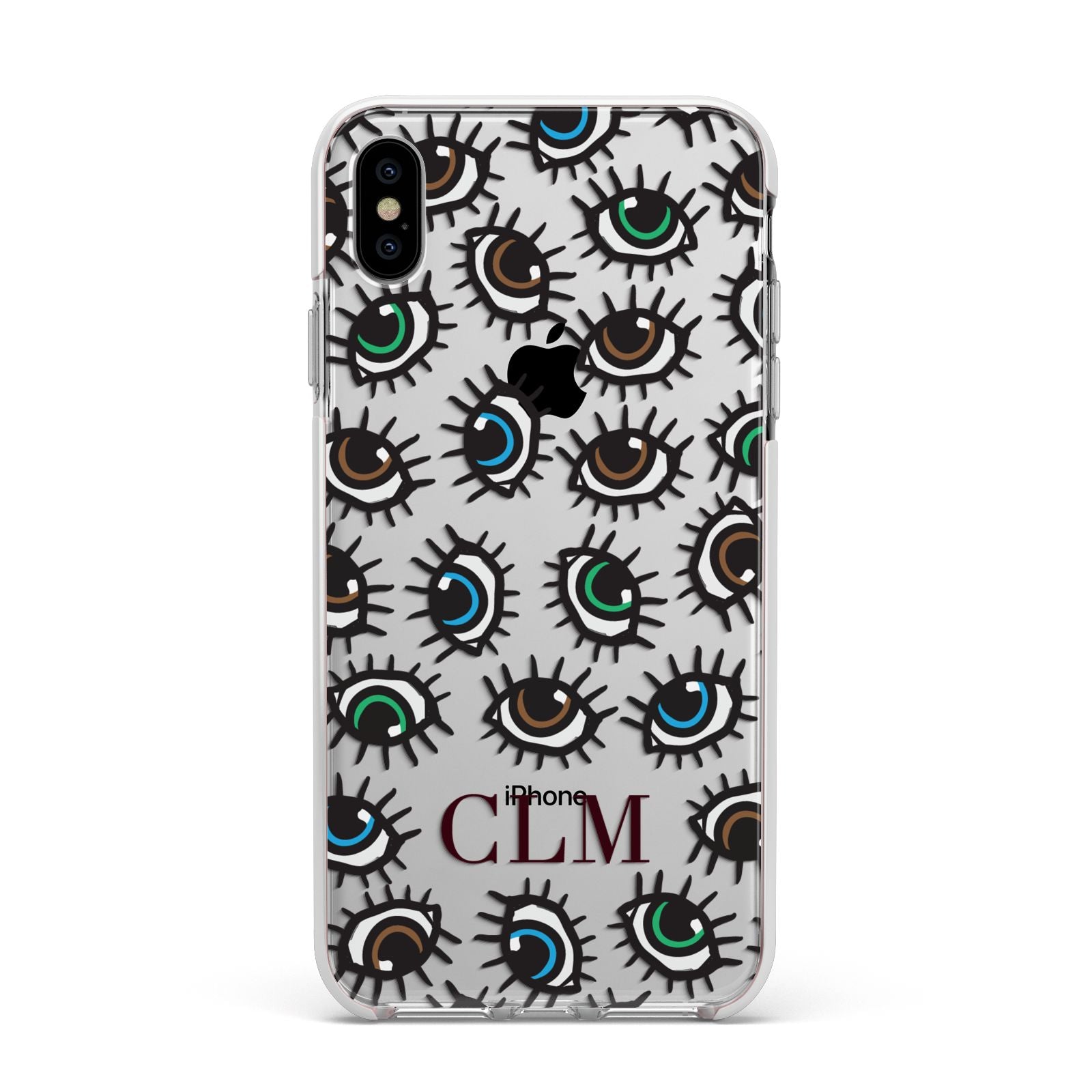 Personalised Eyes Initials Clear Apple iPhone Xs Max Impact Case White Edge on Silver Phone