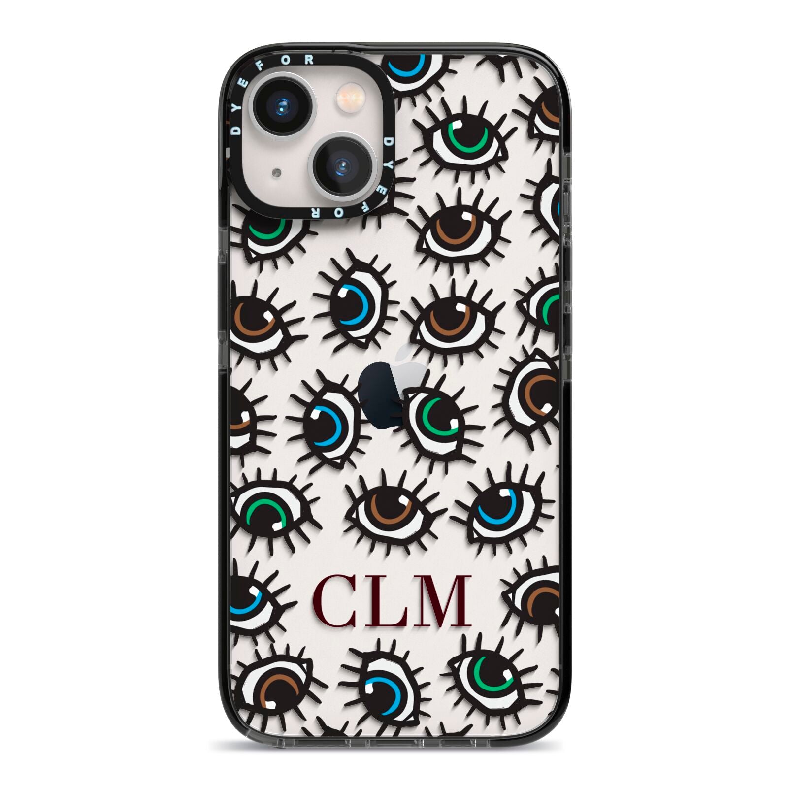 Personalised Eyes Initials Clear iPhone 13 Black Impact Case on Silver phone