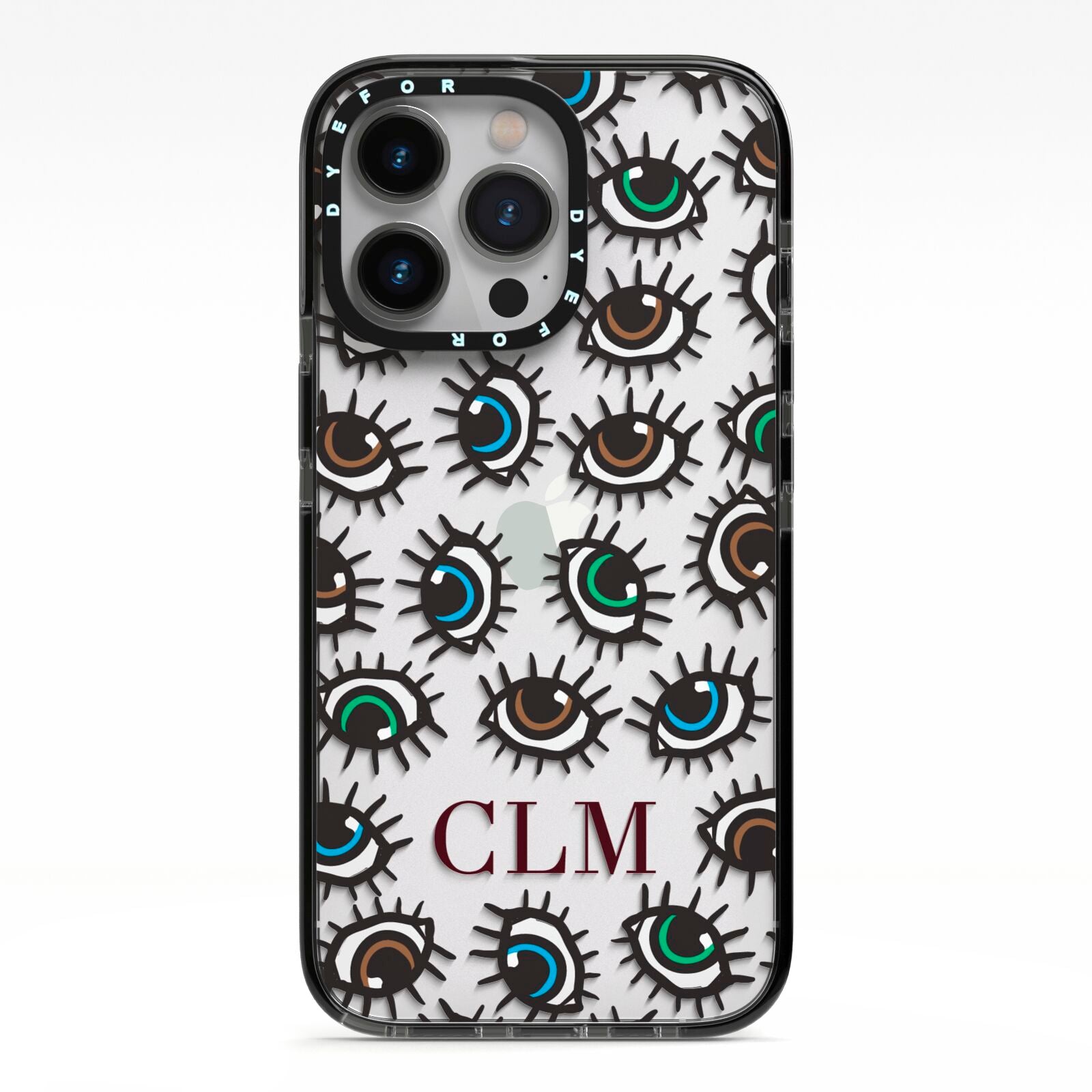 Personalised Eyes Initials Clear iPhone 13 Pro Black Impact Case on Silver phone