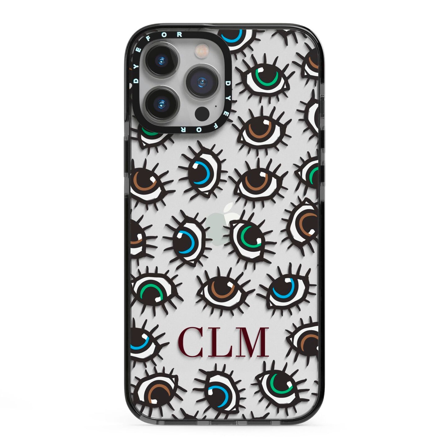 Personalised Eyes Initials Clear iPhone 13 Pro Max Black Impact Case on Silver phone