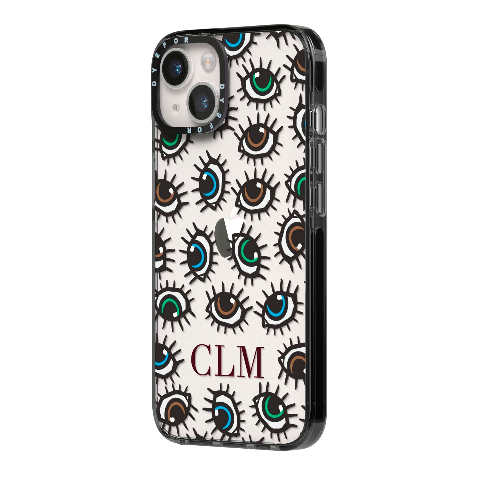 Personalised Eyes Initials Clear iPhone 14 Black Impact Case Side Angle on Silver phone