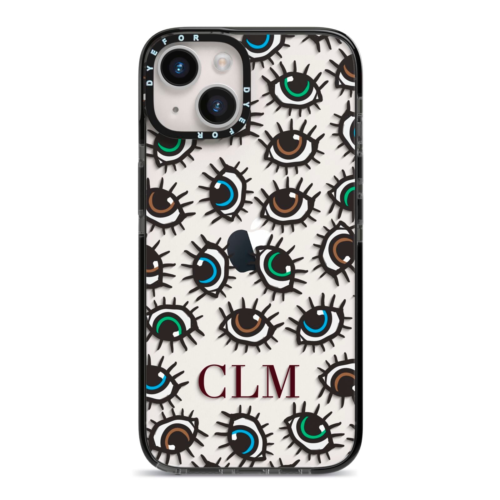 Personalised Eyes Initials Clear iPhone 14 Black Impact Case on Silver phone