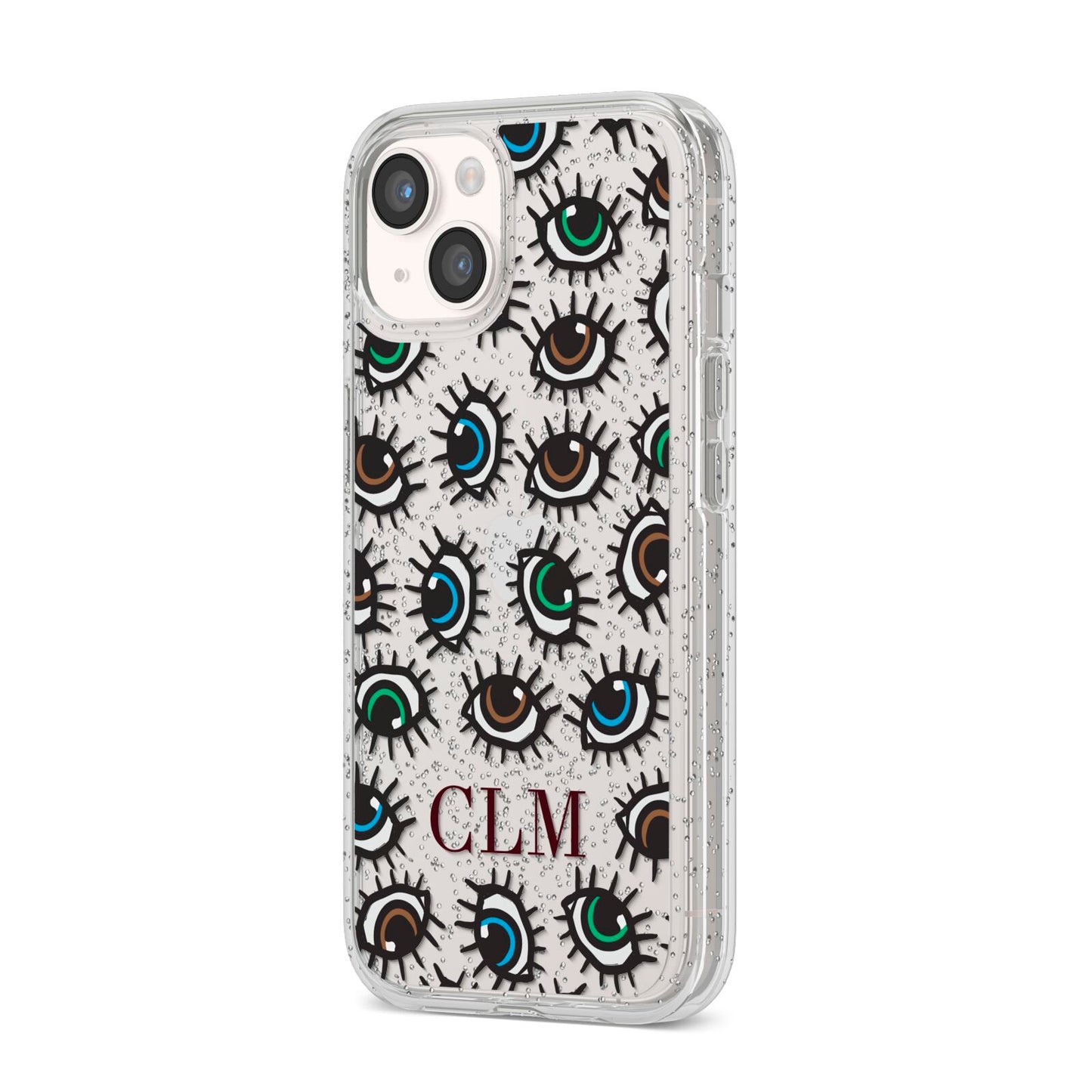 Personalised Eyes Initials Clear iPhone 14 Glitter Tough Case Starlight Angled Image