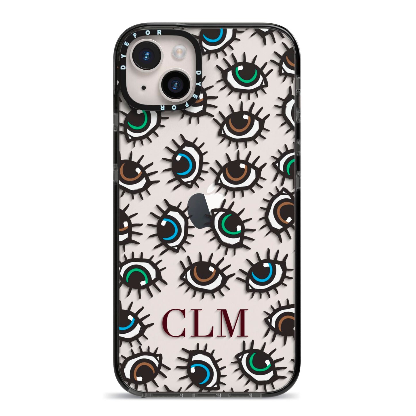 Personalised Eyes Initials Clear iPhone 14 Plus Black Impact Case on Silver phone