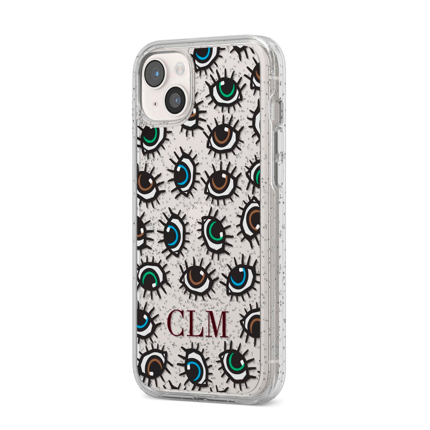 Personalised Eyes Initials Clear iPhone 14 Plus Glitter Tough Case Starlight Angled Image