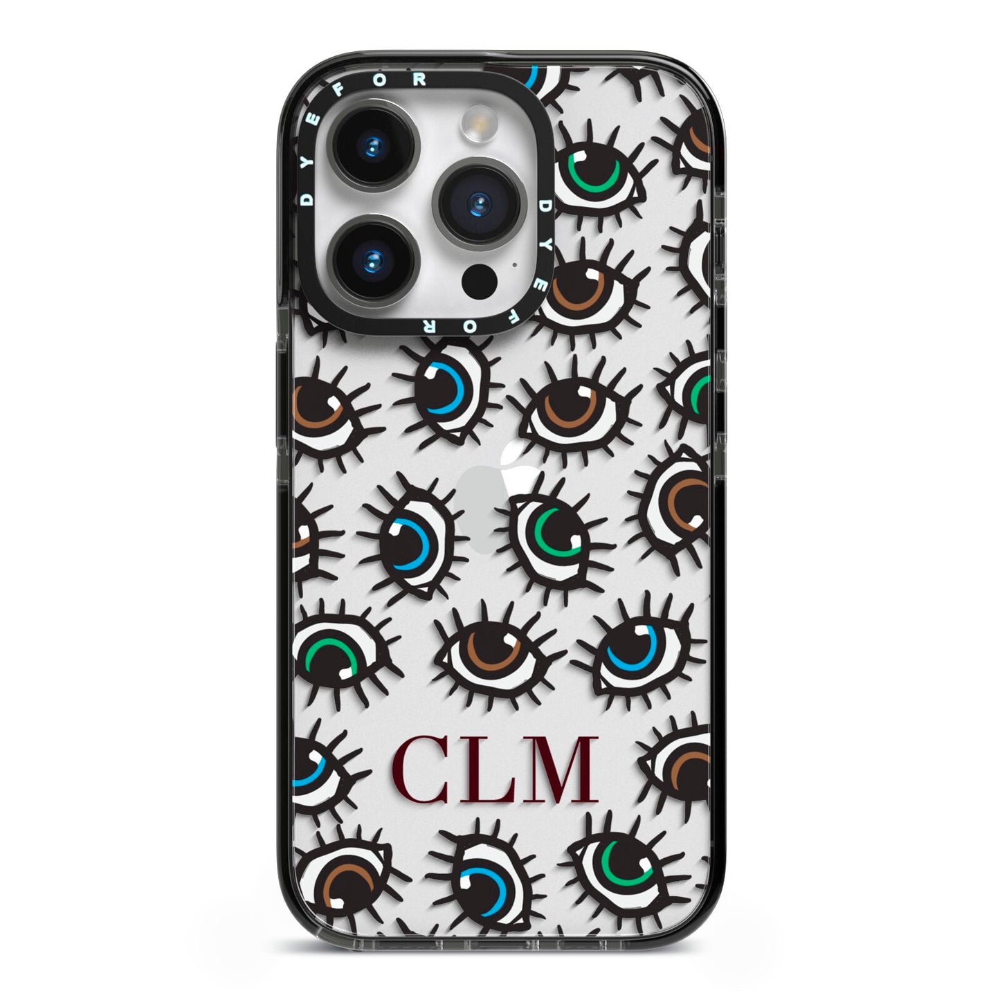 Personalised Eyes Initials Clear iPhone 14 Pro Black Impact Case on Silver phone