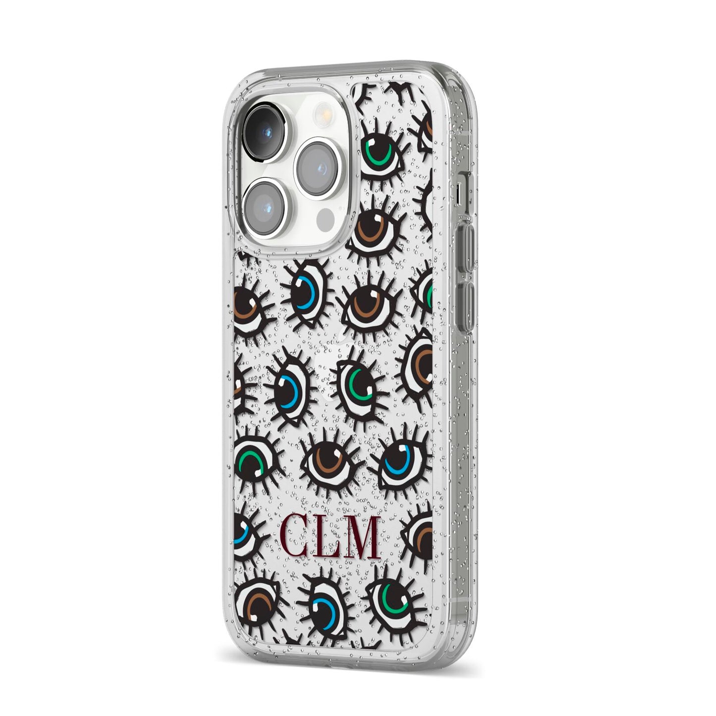 Personalised Eyes Initials Clear iPhone 14 Pro Glitter Tough Case Silver Angled Image