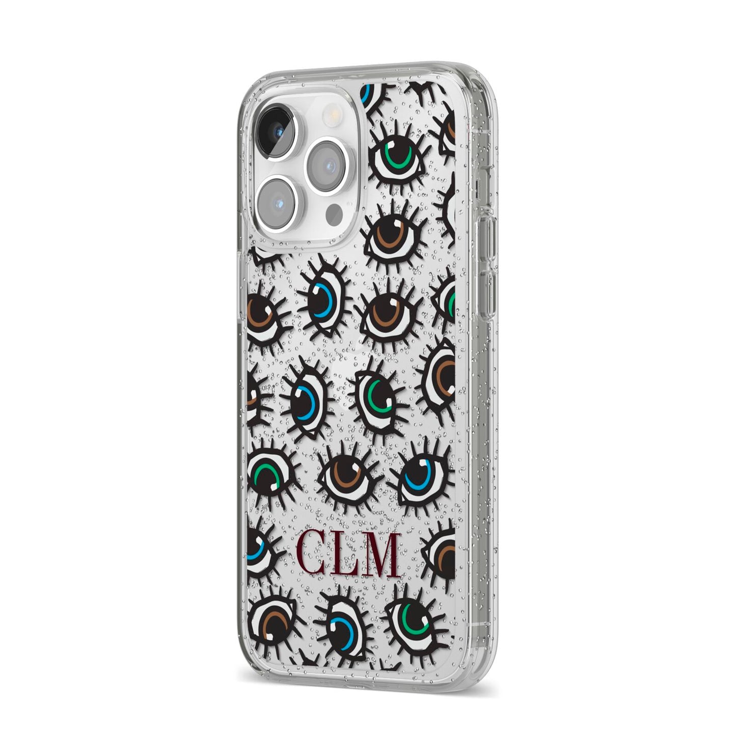 Personalised Eyes Initials Clear iPhone 14 Pro Max Glitter Tough Case Silver Angled Image