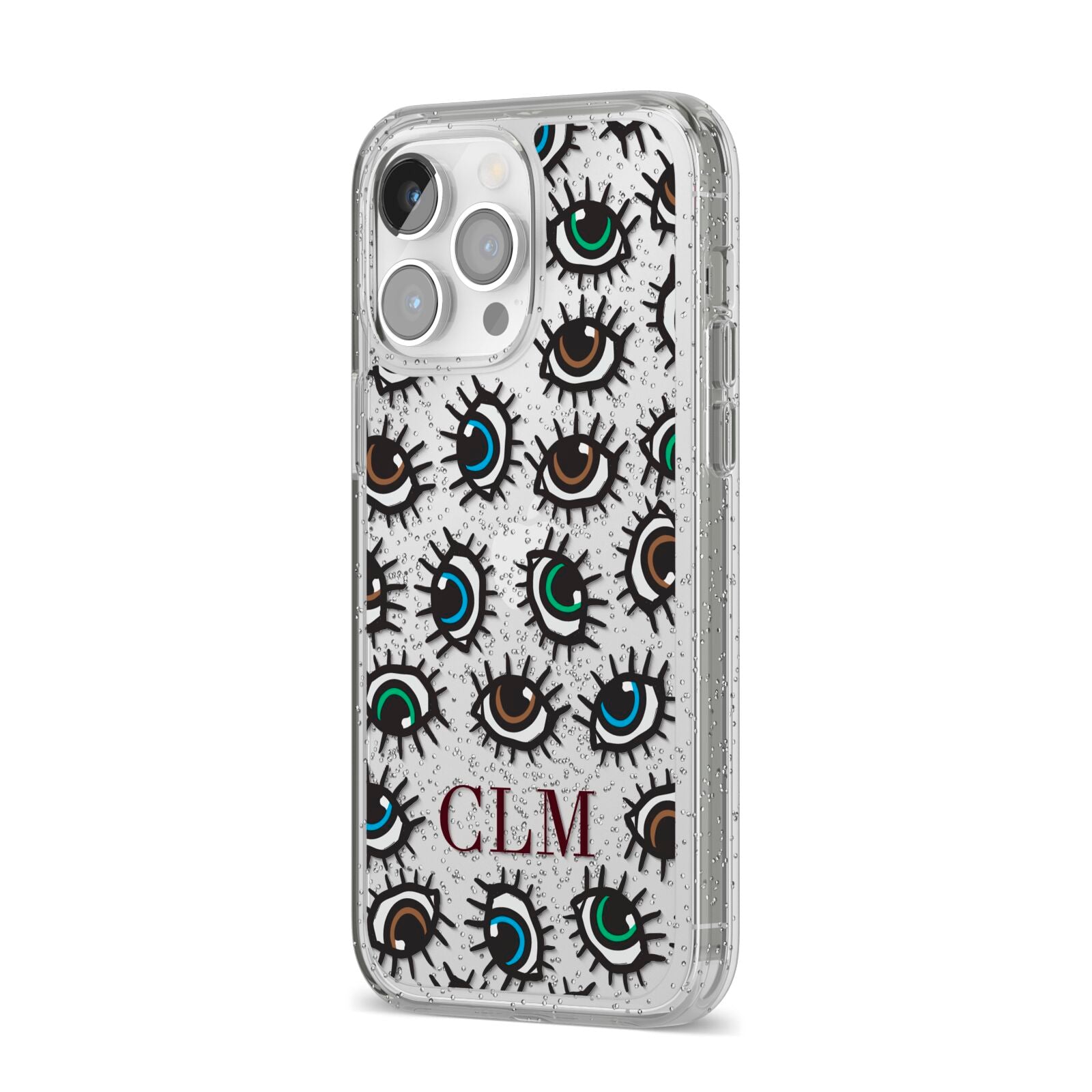 Personalised Eyes Initials Clear iPhone 14 Pro Max Glitter Tough Case Silver Angled Image