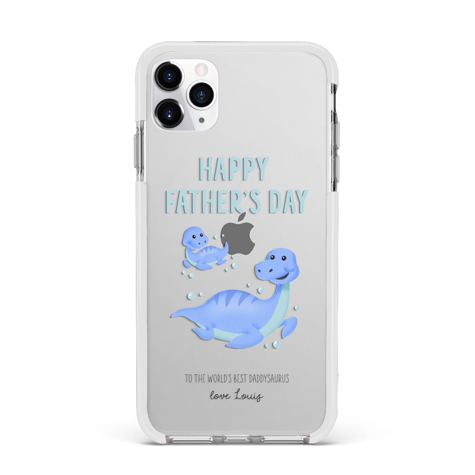 Personalised Fathers Day Dinosaur Apple iPhone 11 Pro Max in Silver with White Impact Case