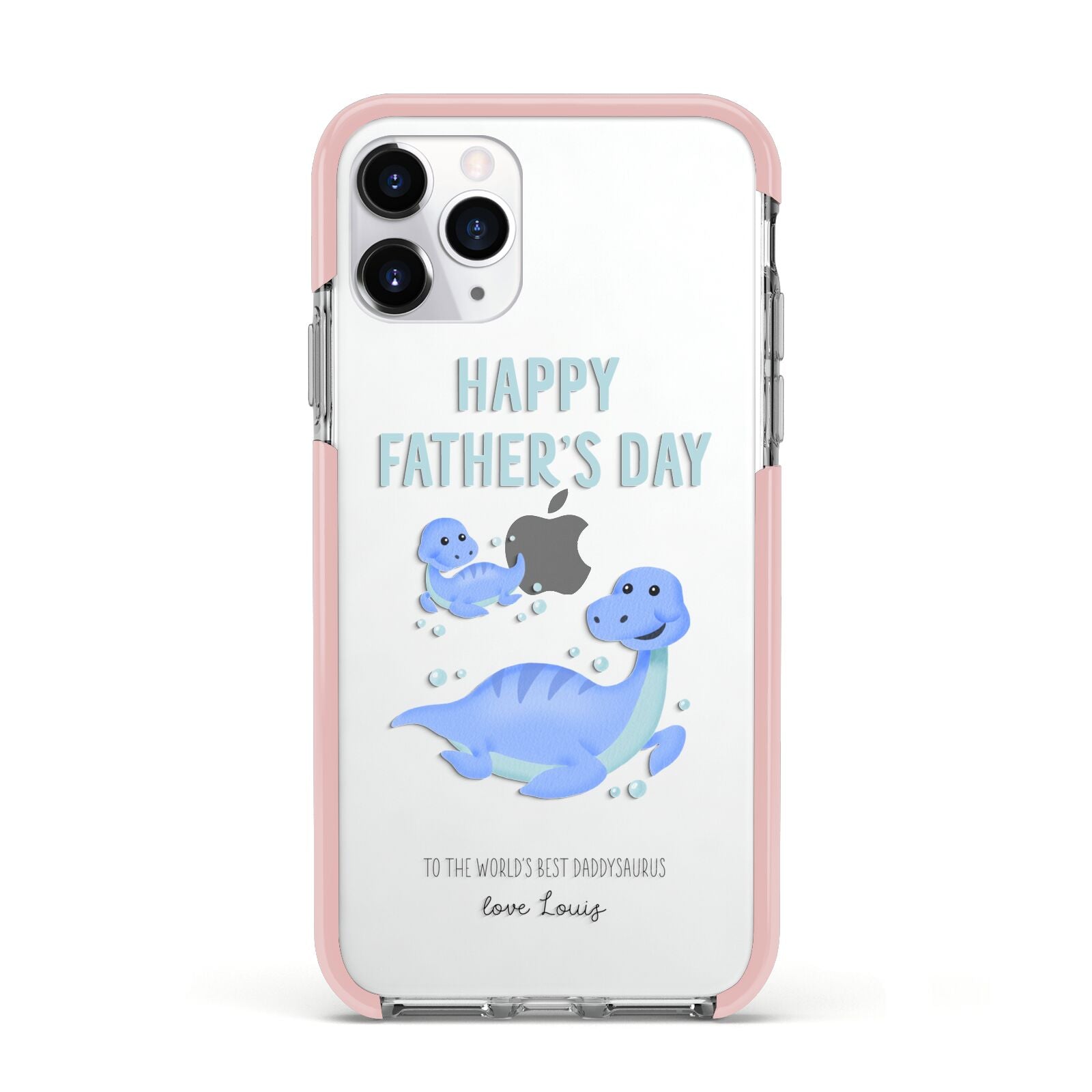 Personalised Fathers Day Dinosaur Apple iPhone 11 Pro in Silver with Pink Impact Case