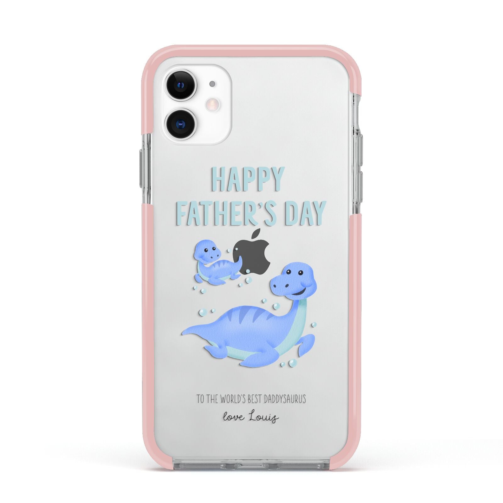 Personalised Fathers Day Dinosaur Apple iPhone 11 in White with Pink Impact Case