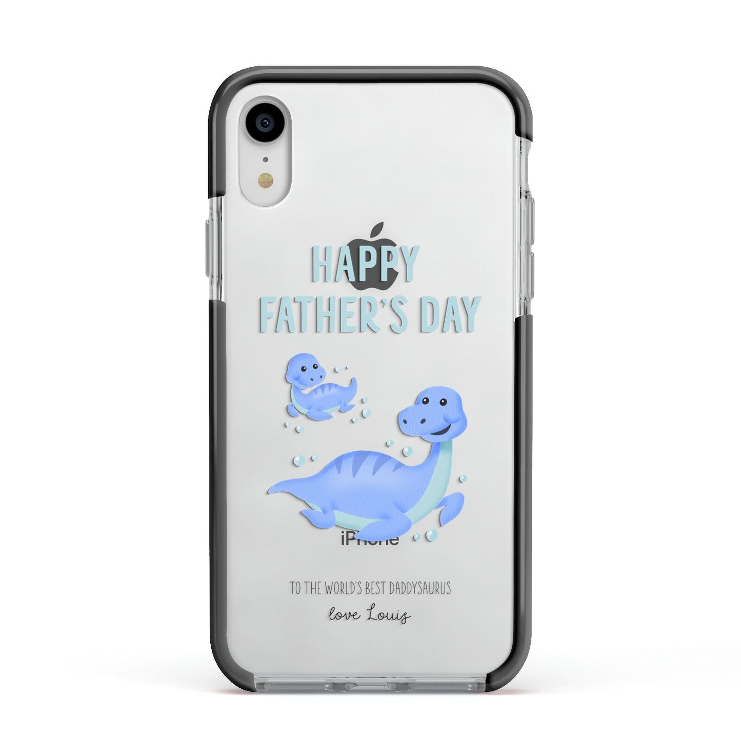 Personalised Fathers Day Dinosaur Apple iPhone XR Impact Case Black Edge on Silver Phone