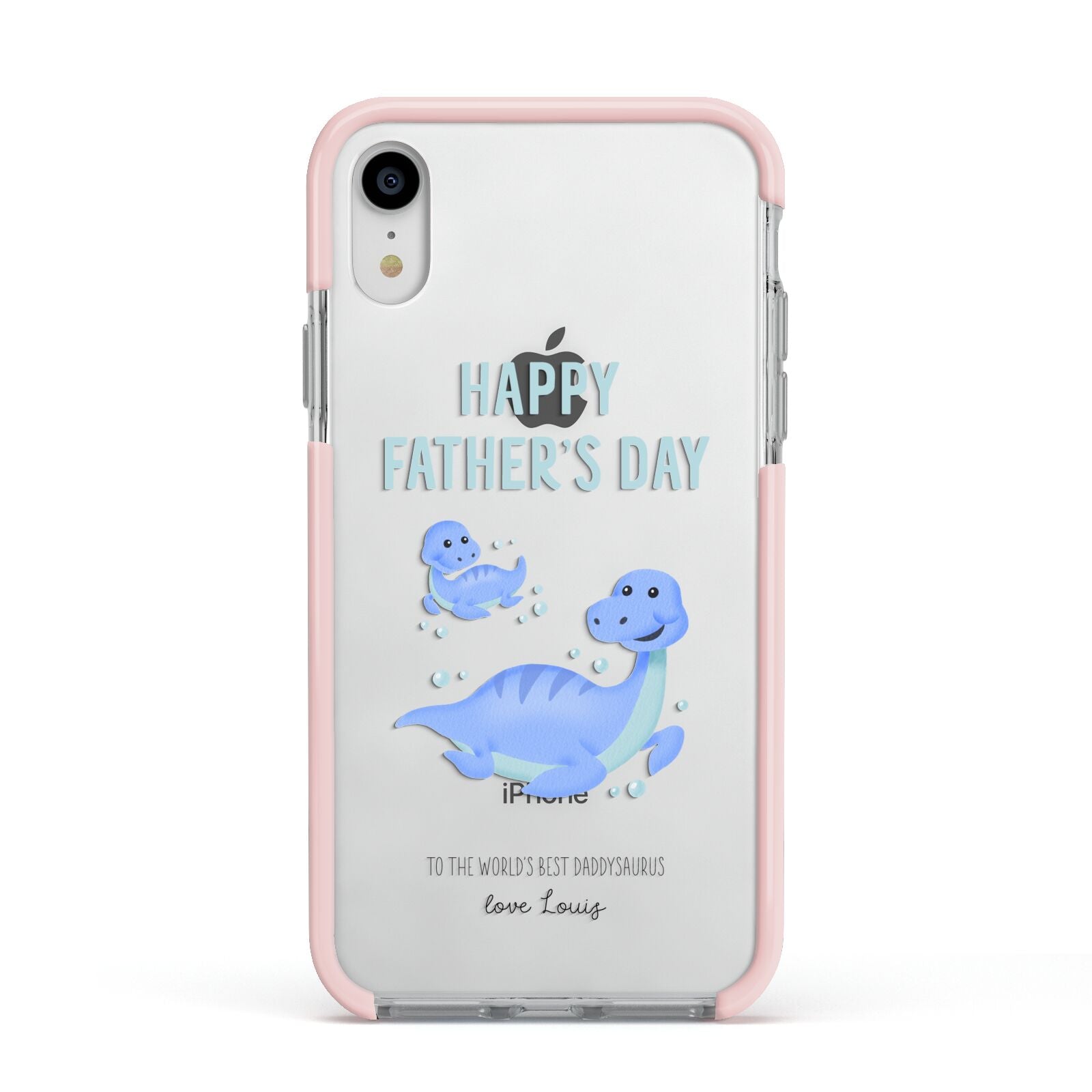 Personalised Fathers Day Dinosaur Apple iPhone XR Impact Case Pink Edge on Silver Phone