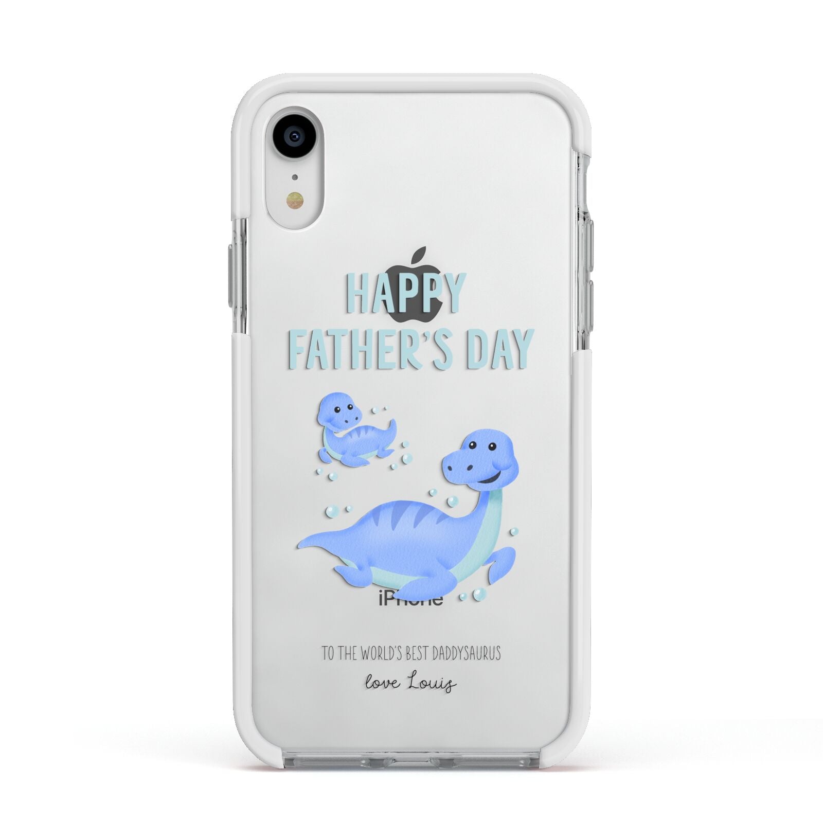 Personalised Fathers Day Dinosaur Apple iPhone XR Impact Case White Edge on Silver Phone