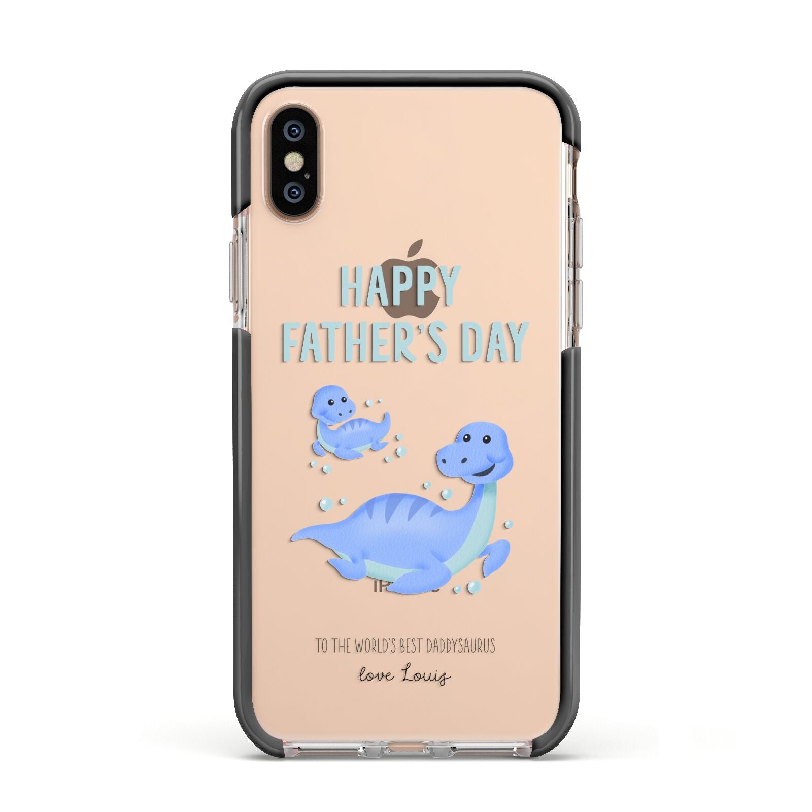 Personalised Fathers Day Dinosaur Apple iPhone Xs Impact Case Black Edge on Gold Phone