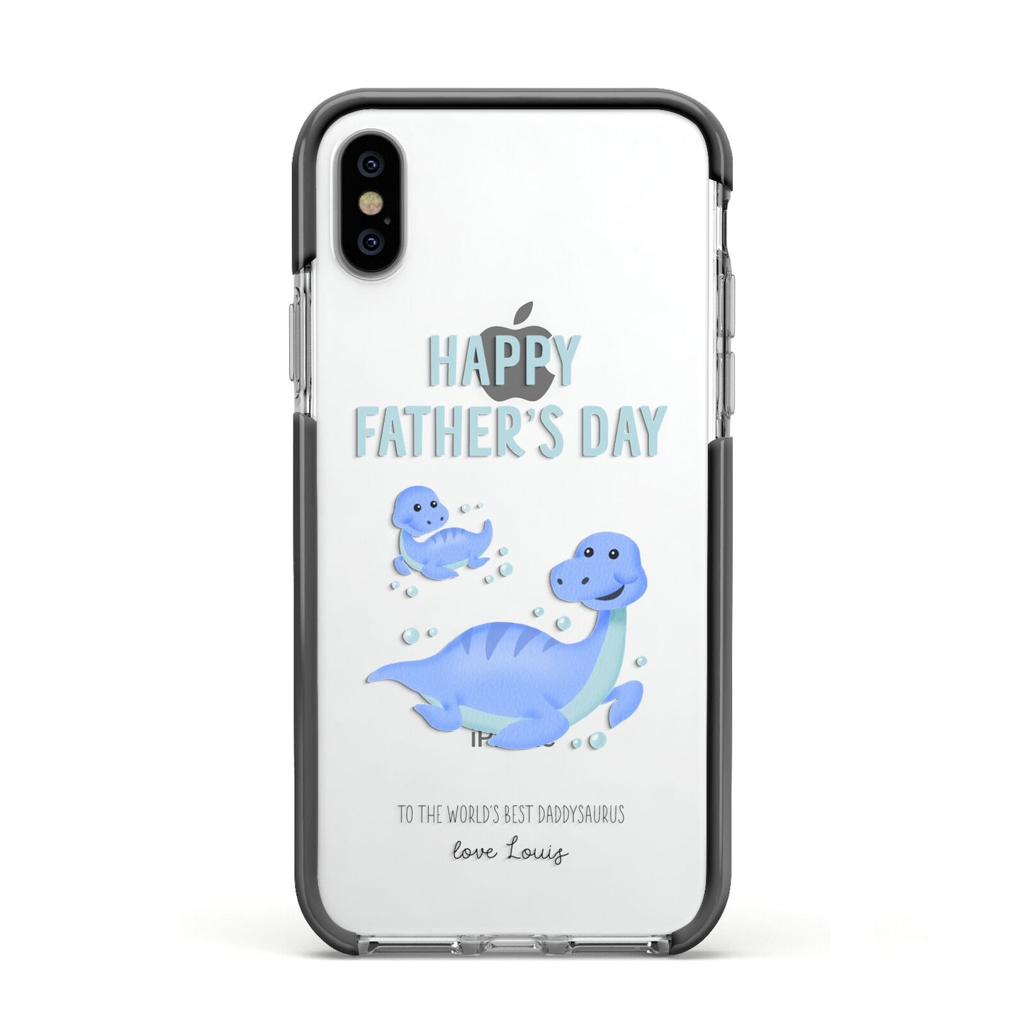 Personalised Fathers Day Dinosaur Apple iPhone Xs Impact Case Black Edge on Silver Phone