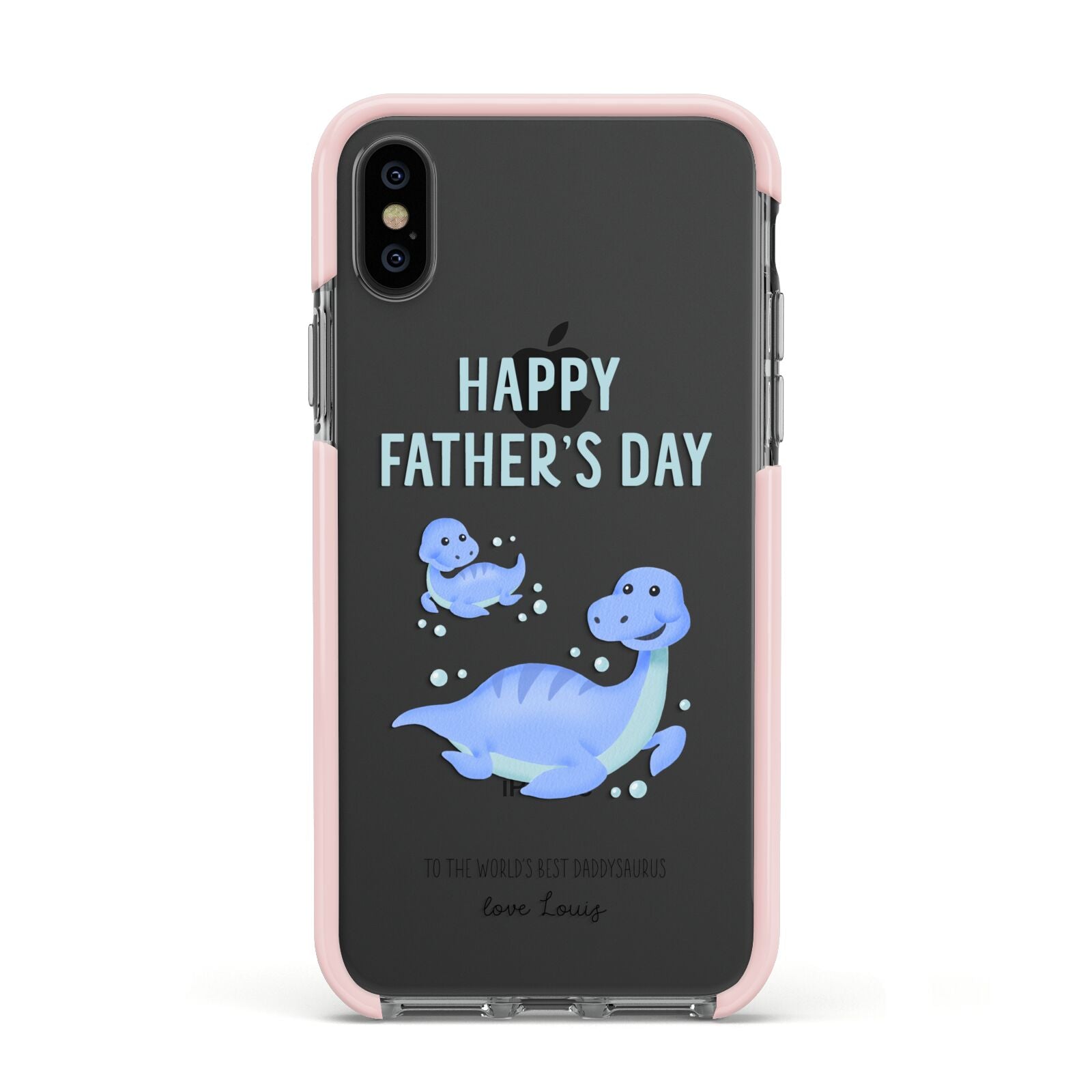 Personalised Fathers Day Dinosaur Apple iPhone Xs Impact Case Pink Edge on Black Phone