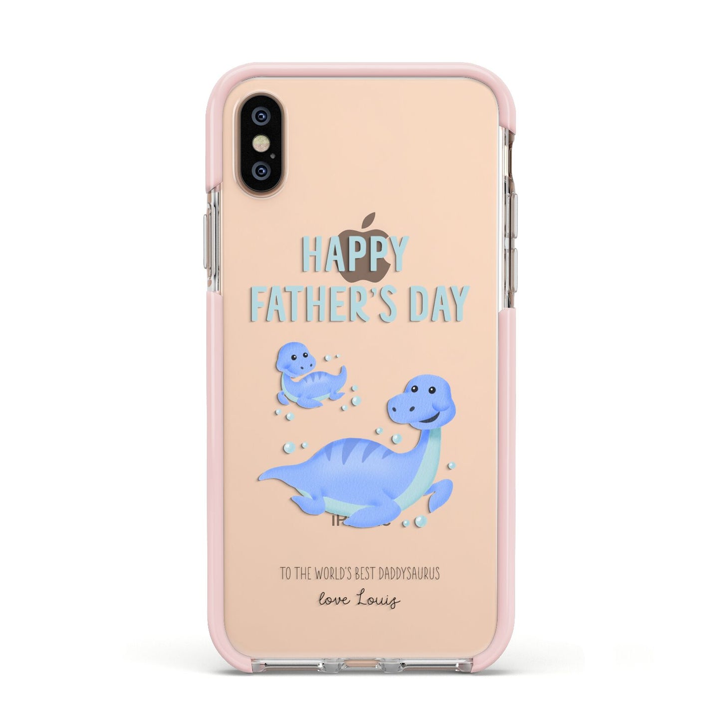 Personalised Fathers Day Dinosaur Apple iPhone Xs Impact Case Pink Edge on Gold Phone