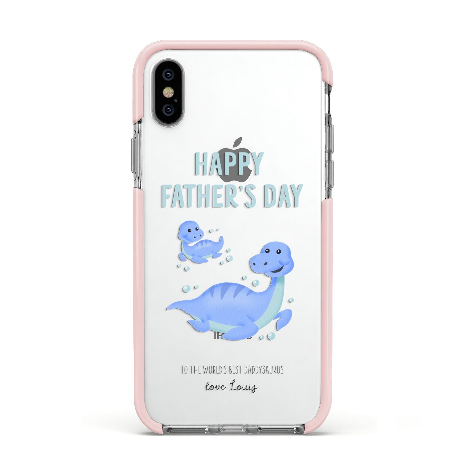 Personalised Fathers Day Dinosaur Apple iPhone Xs Impact Case Pink Edge on Silver Phone