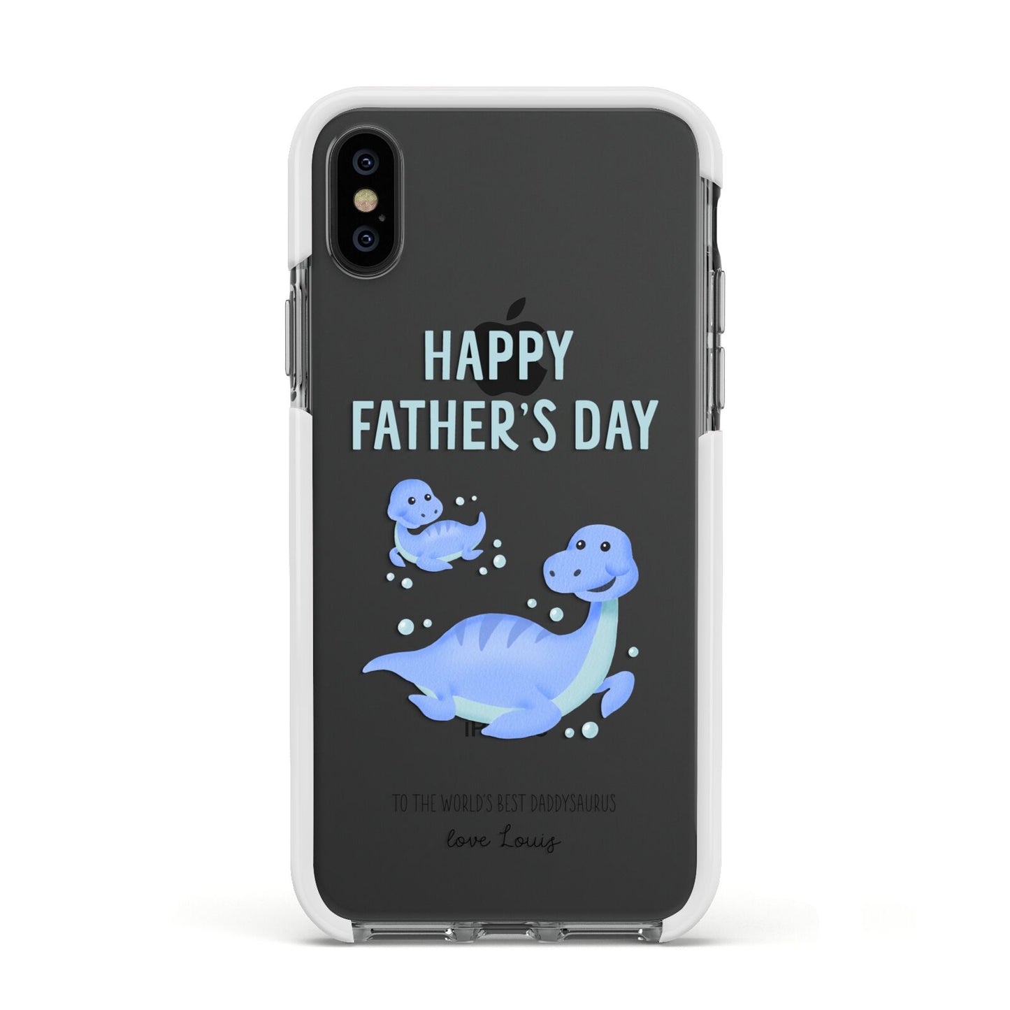 Personalised Fathers Day Dinosaur Apple iPhone Xs Impact Case White Edge on Black Phone