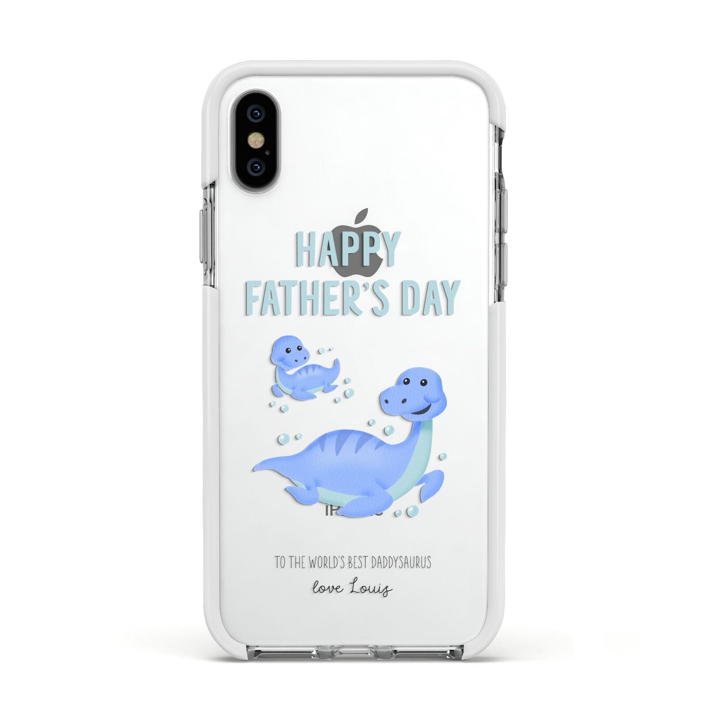 Personalised Fathers Day Dinosaur Apple iPhone Xs Impact Case White Edge on Silver Phone