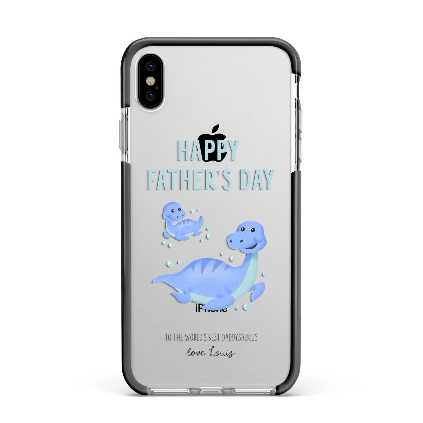 Personalised Fathers Day Dinosaur Apple iPhone Xs Max Impact Case Black Edge on Silver Phone