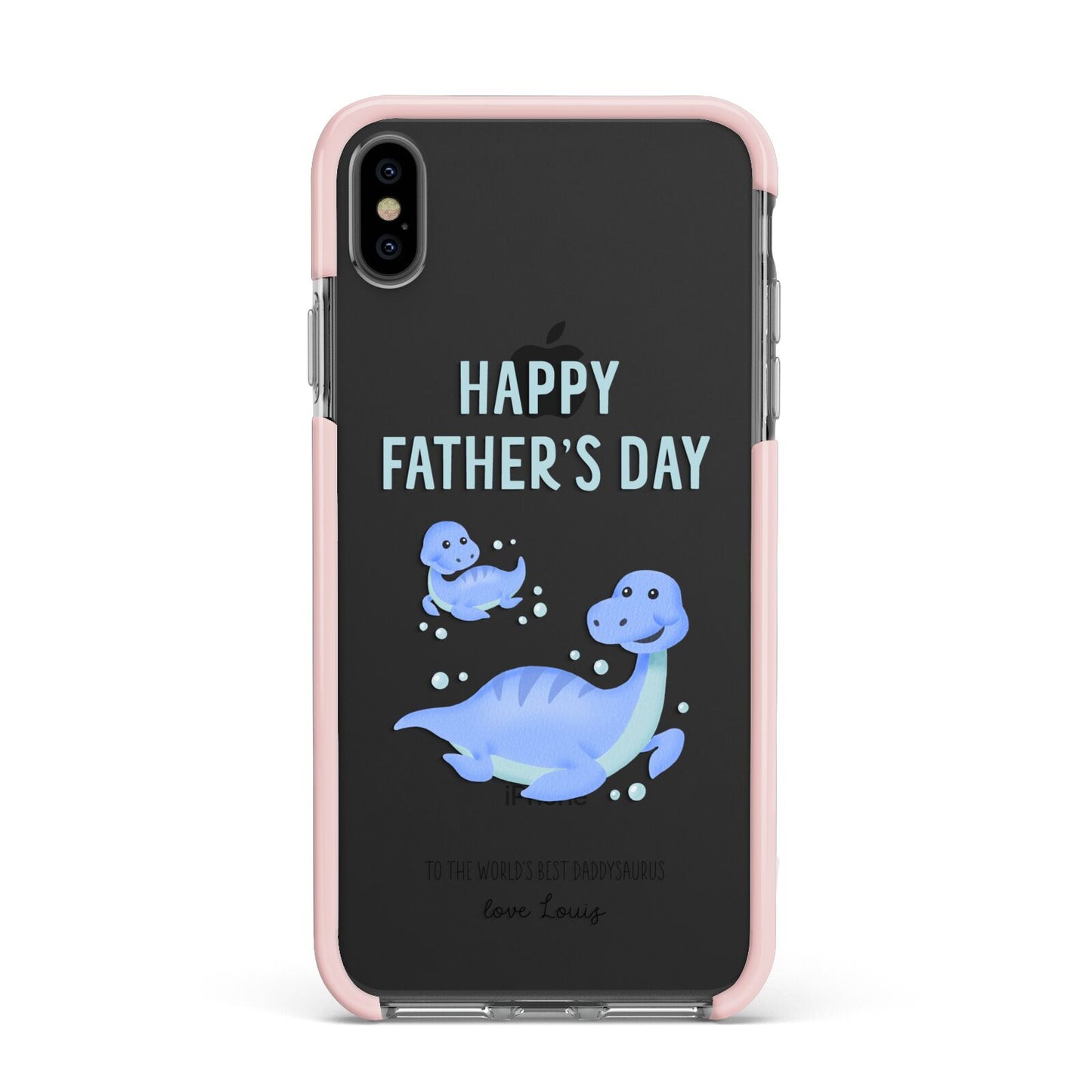 Personalised Fathers Day Dinosaur Apple iPhone Xs Max Impact Case Pink Edge on Black Phone