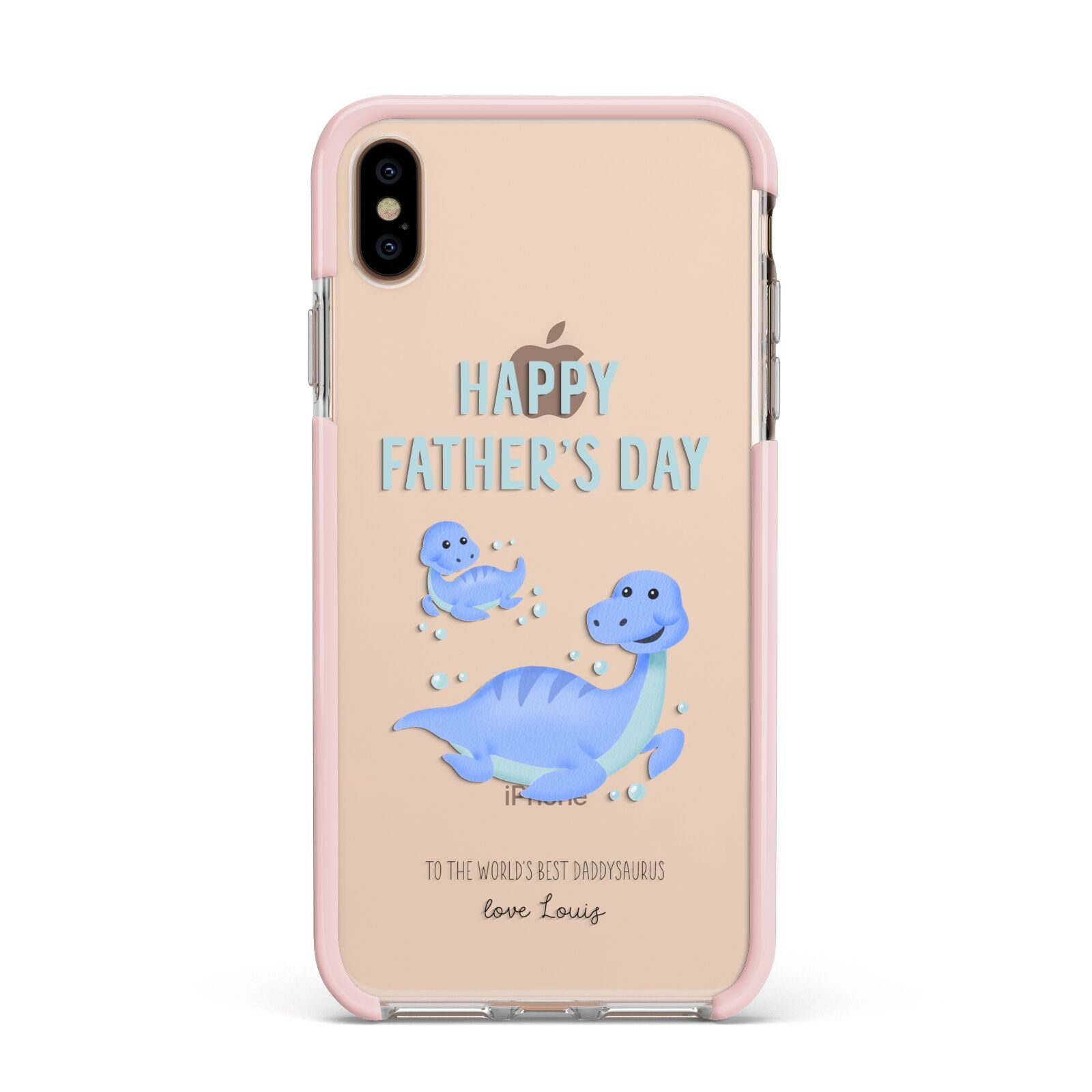 Personalised Fathers Day Dinosaur Apple iPhone Xs Max Impact Case Pink Edge on Gold Phone