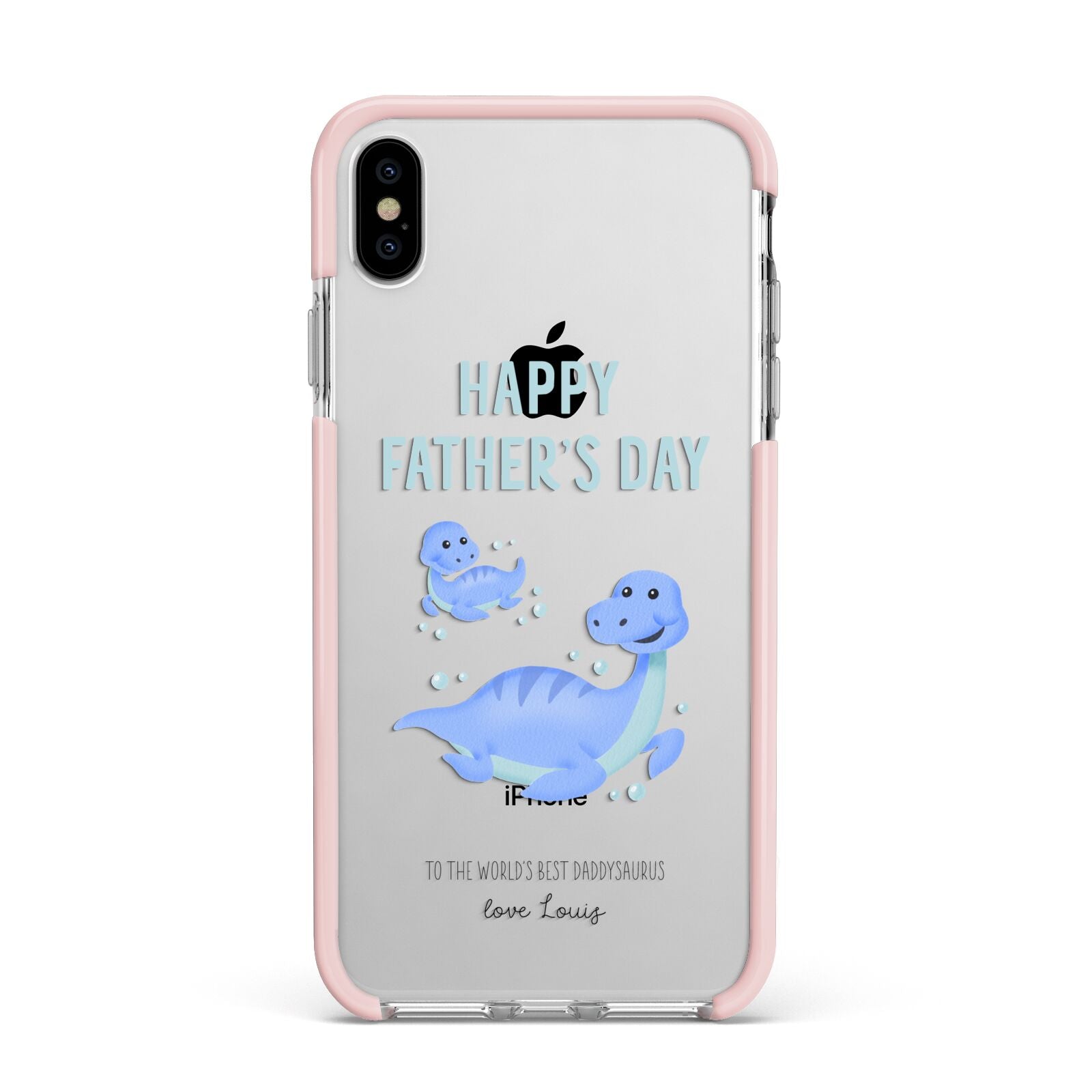 Personalised Fathers Day Dinosaur Apple iPhone Xs Max Impact Case Pink Edge on Silver Phone