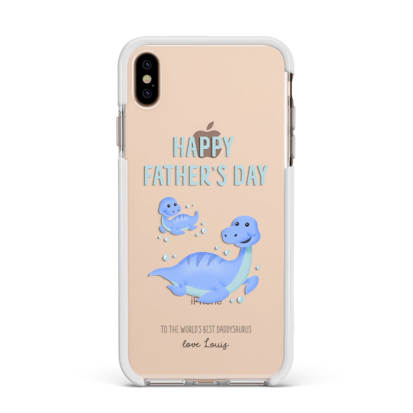 Personalised Fathers Day Dinosaur Apple iPhone Xs Max Impact Case White Edge on Gold Phone