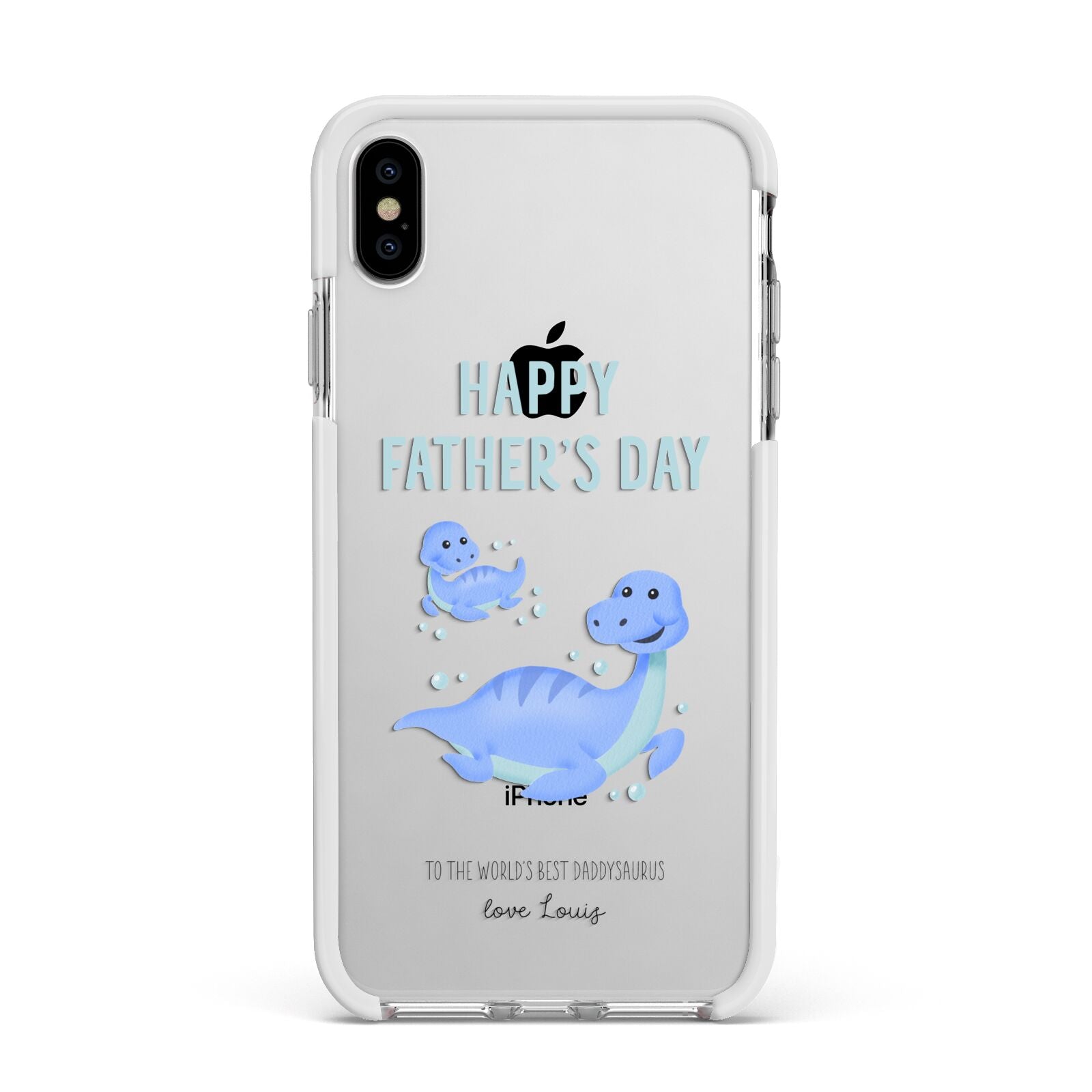 Personalised Fathers Day Dinosaur Apple iPhone Xs Max Impact Case White Edge on Silver Phone