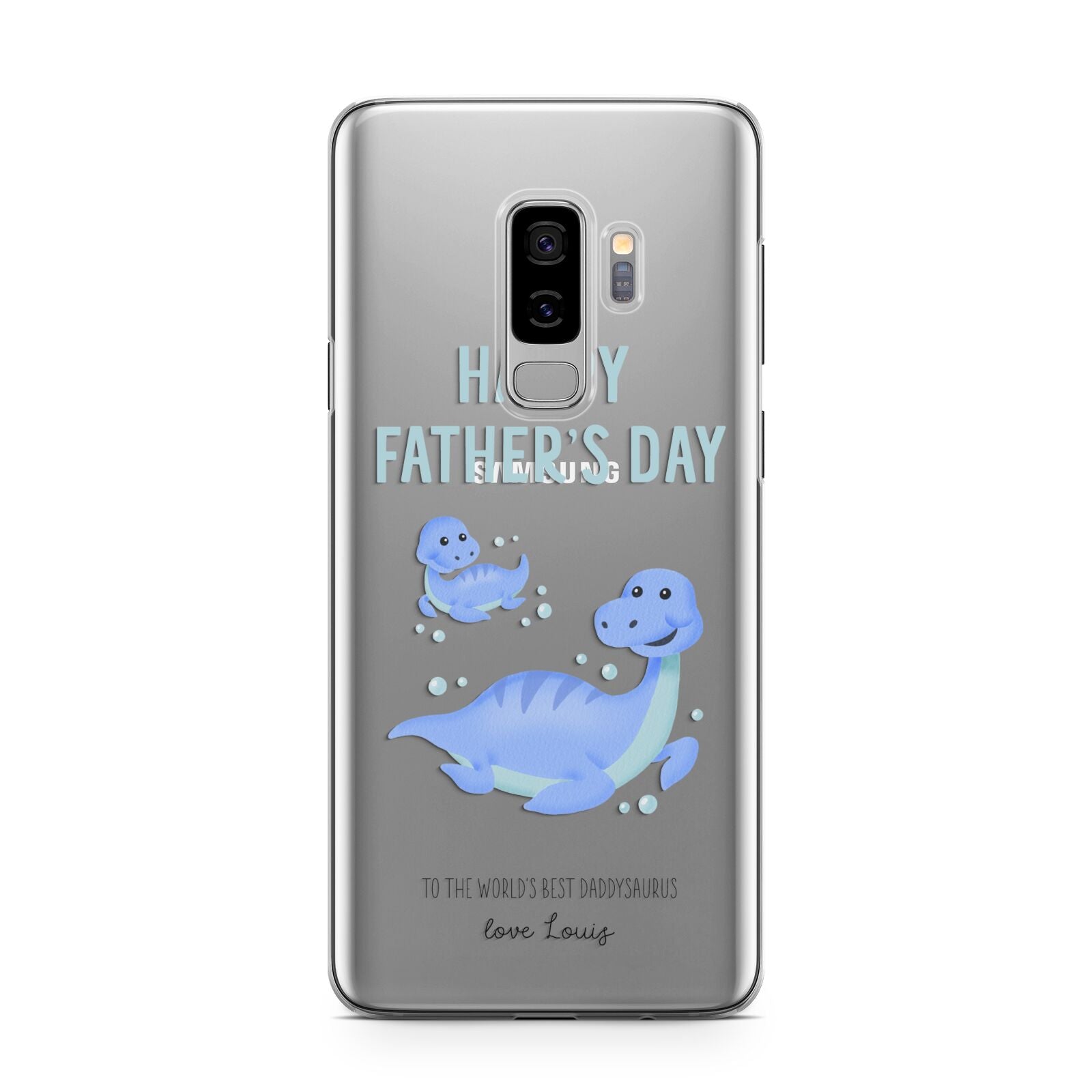 Personalised Fathers Day Dinosaur Samsung Galaxy S9 Plus Case on Silver phone