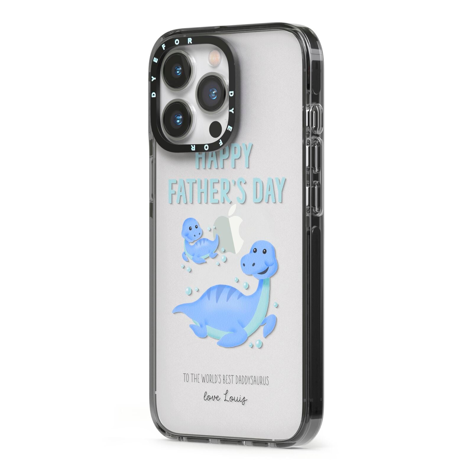 Personalised Fathers Day Dinosaur iPhone 13 Pro Black Impact Case Side Angle on Silver phone