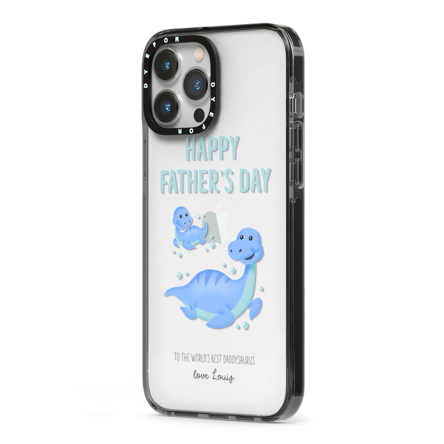 Personalised Fathers Day Dinosaur iPhone 13 Pro Max Black Impact Case Side Angle on Silver phone