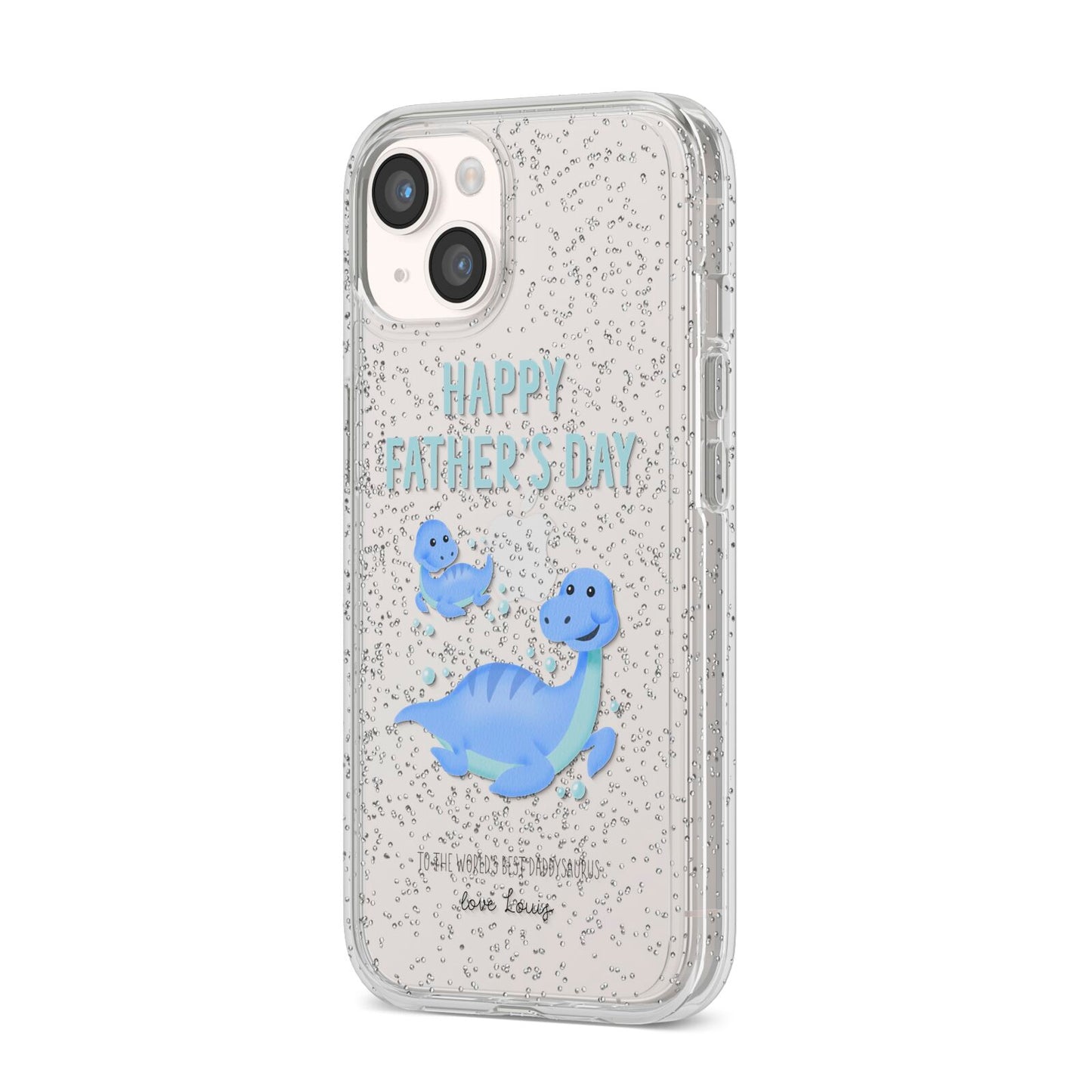 Personalised Fathers Day Dinosaur iPhone 14 Glitter Tough Case Starlight Angled Image