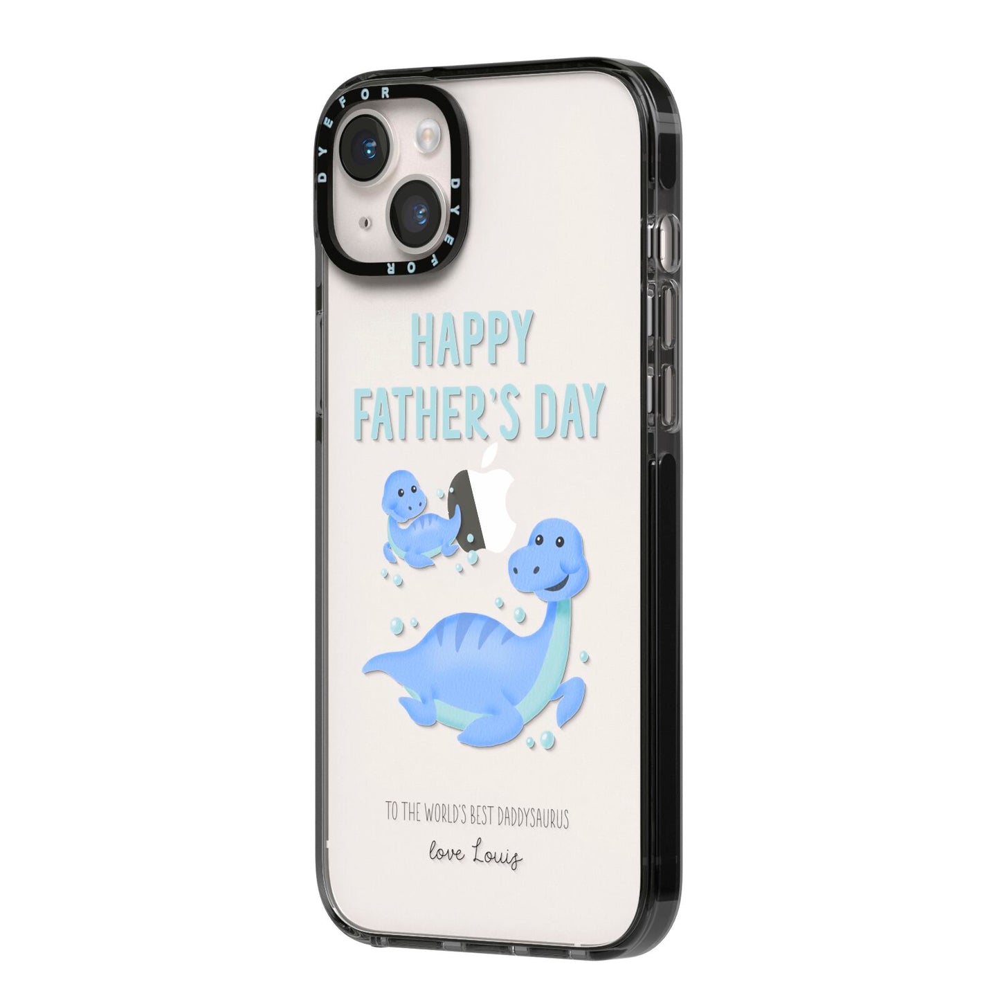 Personalised Fathers Day Dinosaur iPhone 14 Plus Black Impact Case Side Angle on Silver phone