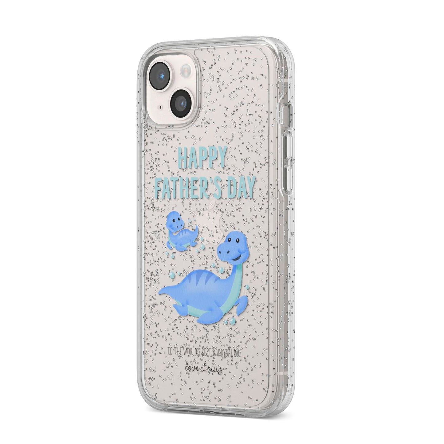 Personalised Fathers Day Dinosaur iPhone 14 Plus Glitter Tough Case Starlight Angled Image