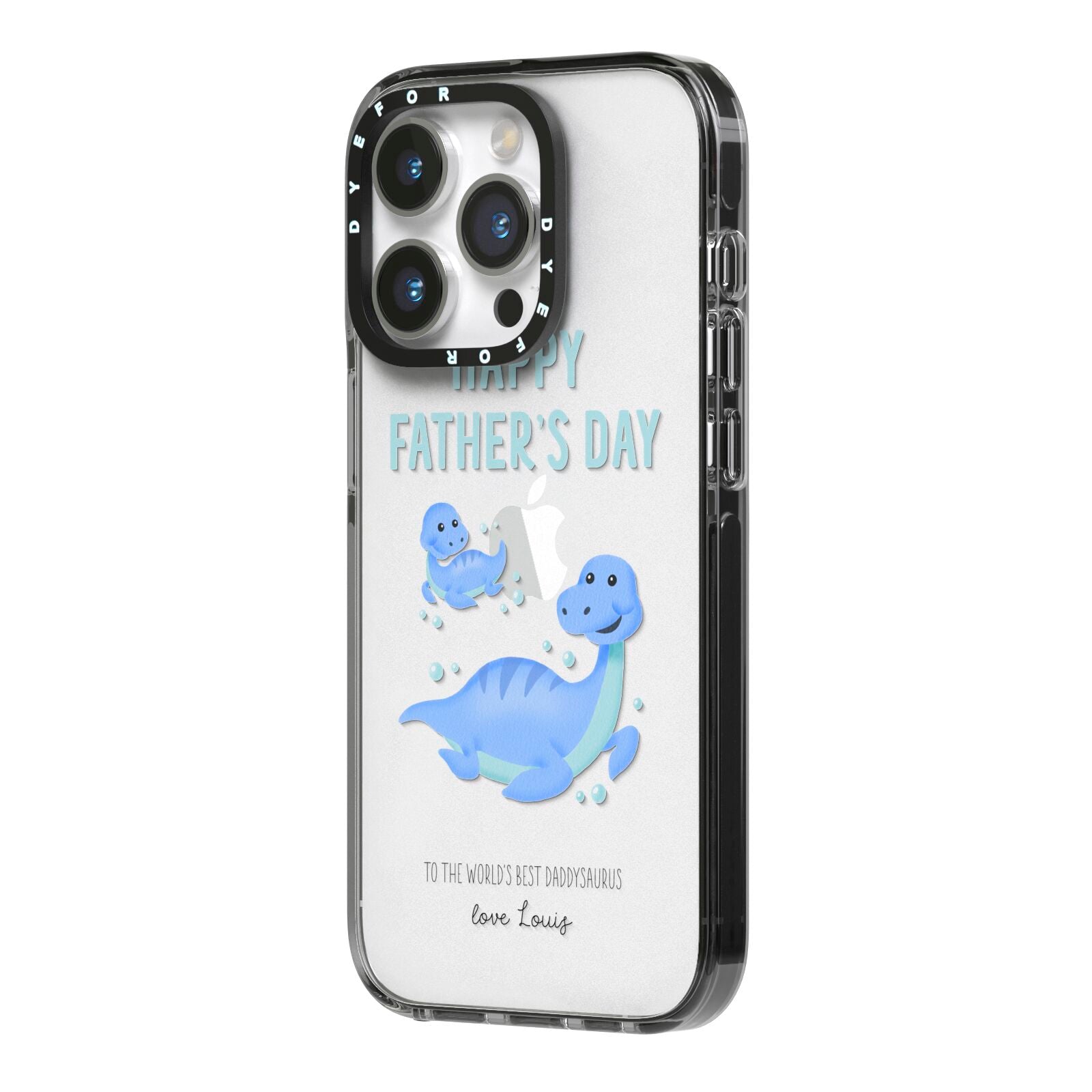 Personalised Fathers Day Dinosaur iPhone 14 Pro Black Impact Case Side Angle on Silver phone