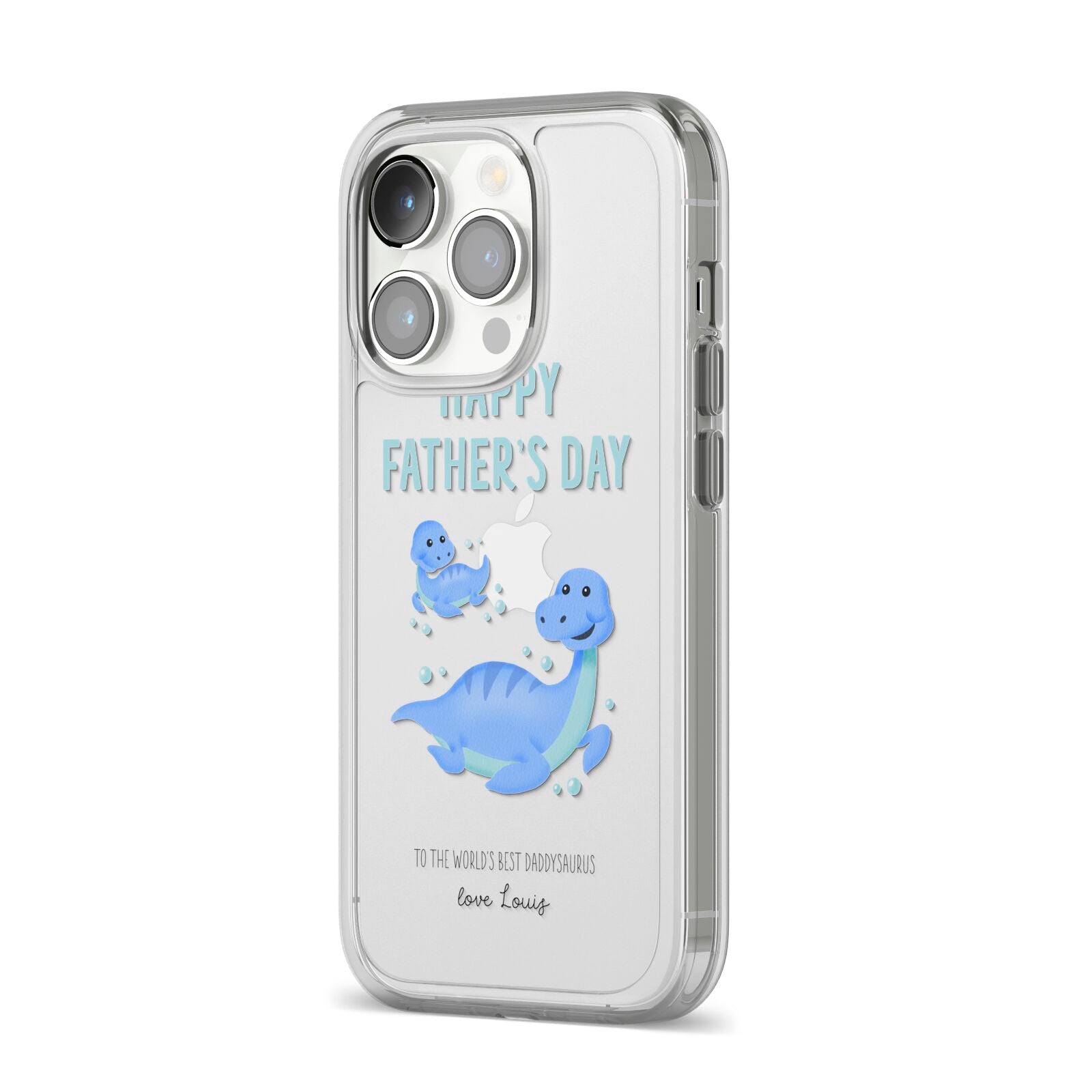 Personalised Fathers Day Dinosaur iPhone 14 Pro Clear Tough Case Silver Angled Image