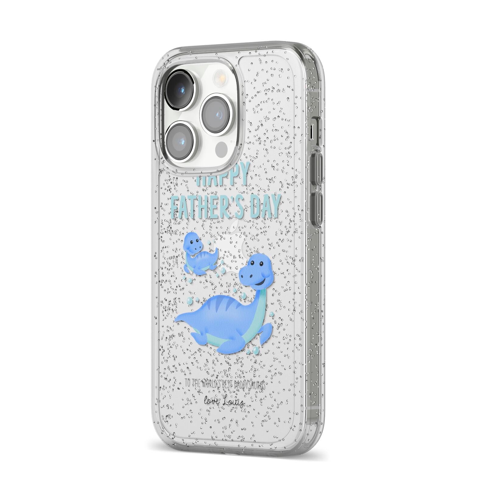 Personalised Fathers Day Dinosaur iPhone 14 Pro Glitter Tough Case Silver Angled Image