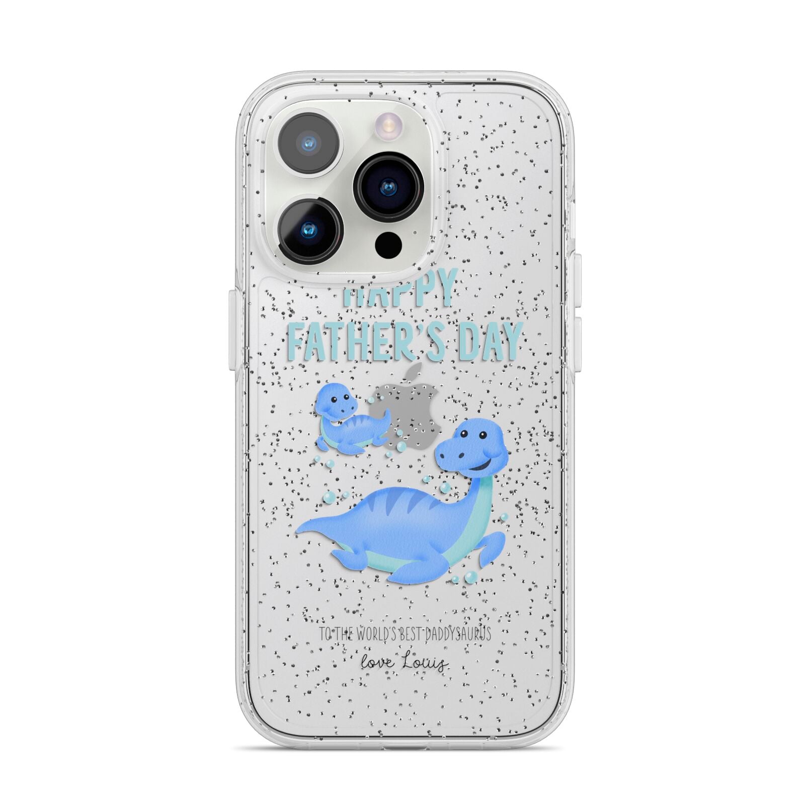 Personalised Fathers Day Dinosaur iPhone 14 Pro Glitter Tough Case Silver