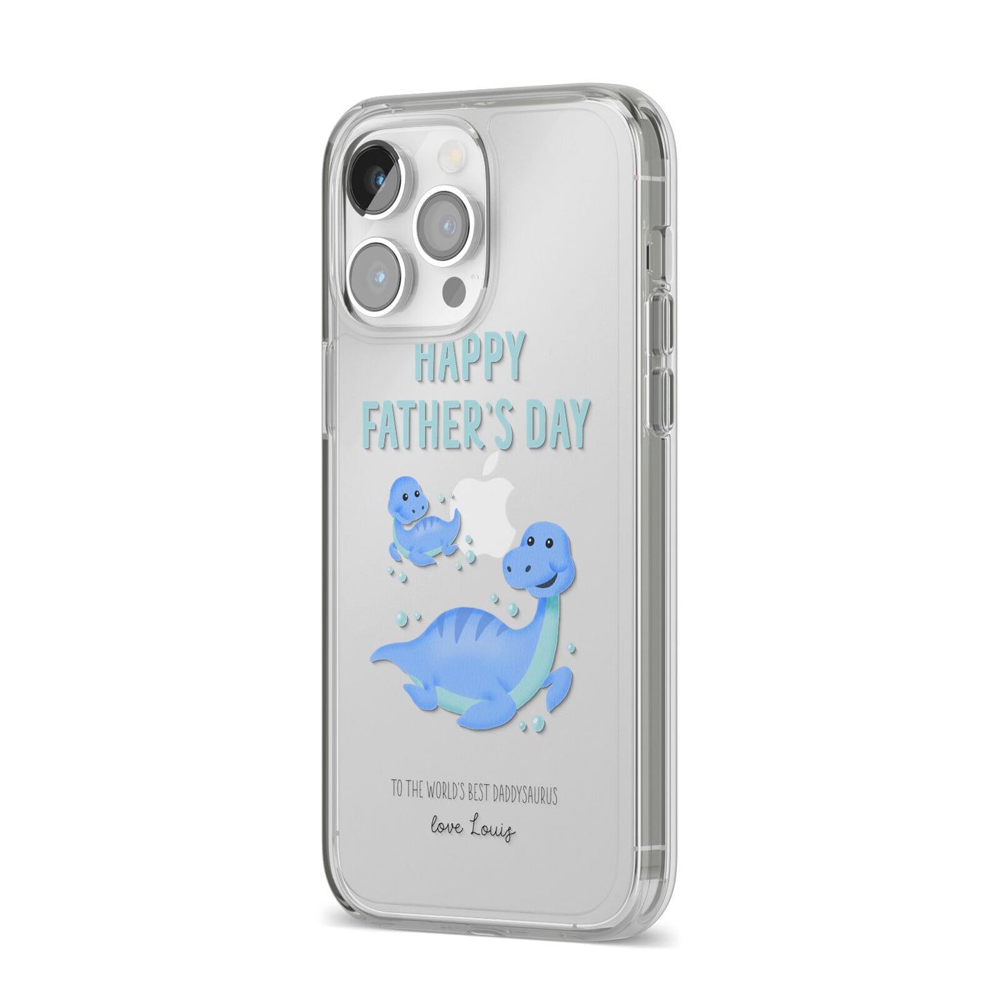 Personalised Fathers Day Dinosaur iPhone 14 Pro Max Clear Tough Case Silver Angled Image