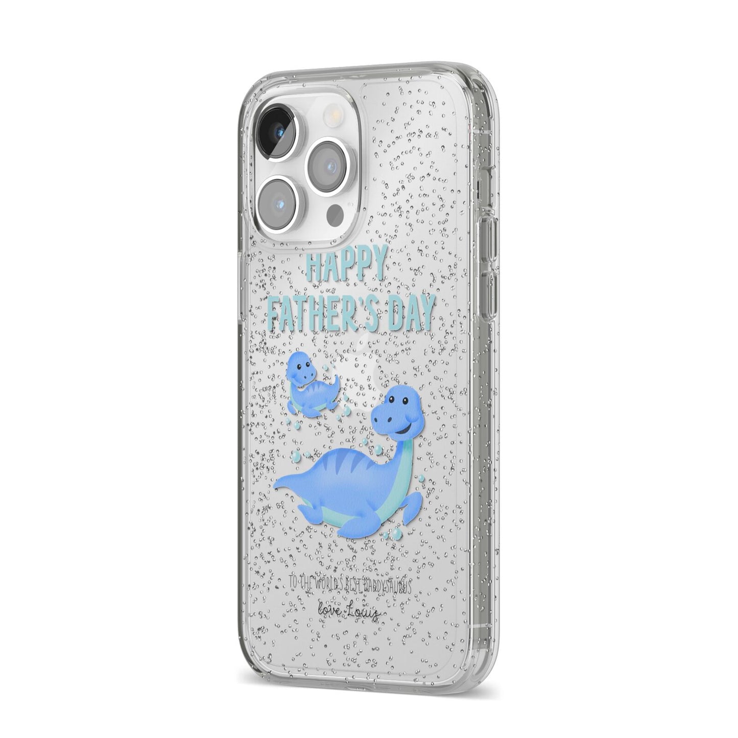 Personalised Fathers Day Dinosaur iPhone 14 Pro Max Glitter Tough Case Silver Angled Image