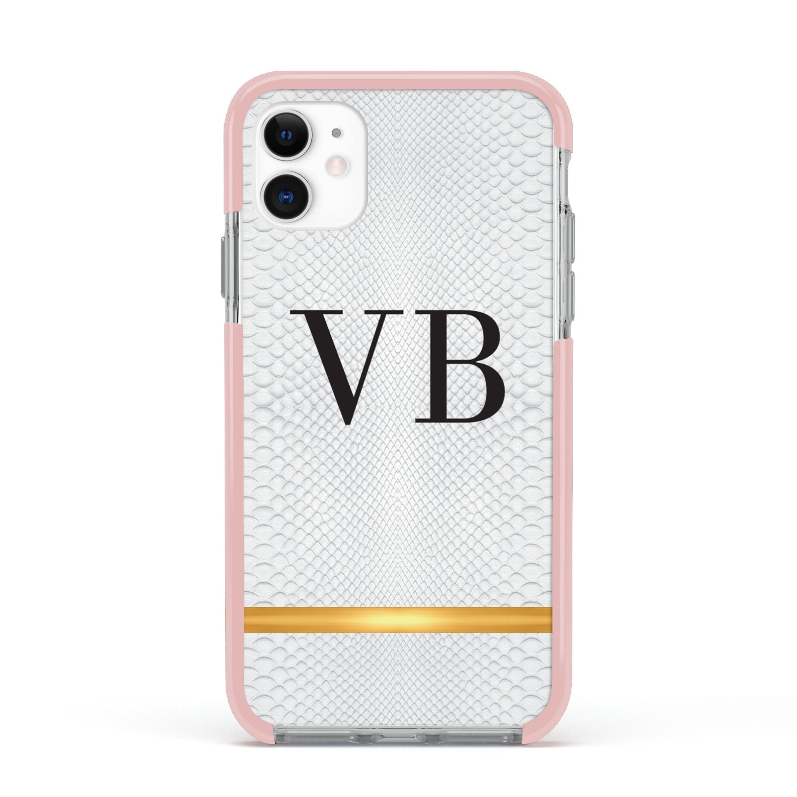 Personalised Faux Snakeskin Initials Apple iPhone 11 in White with Pink Impact Case